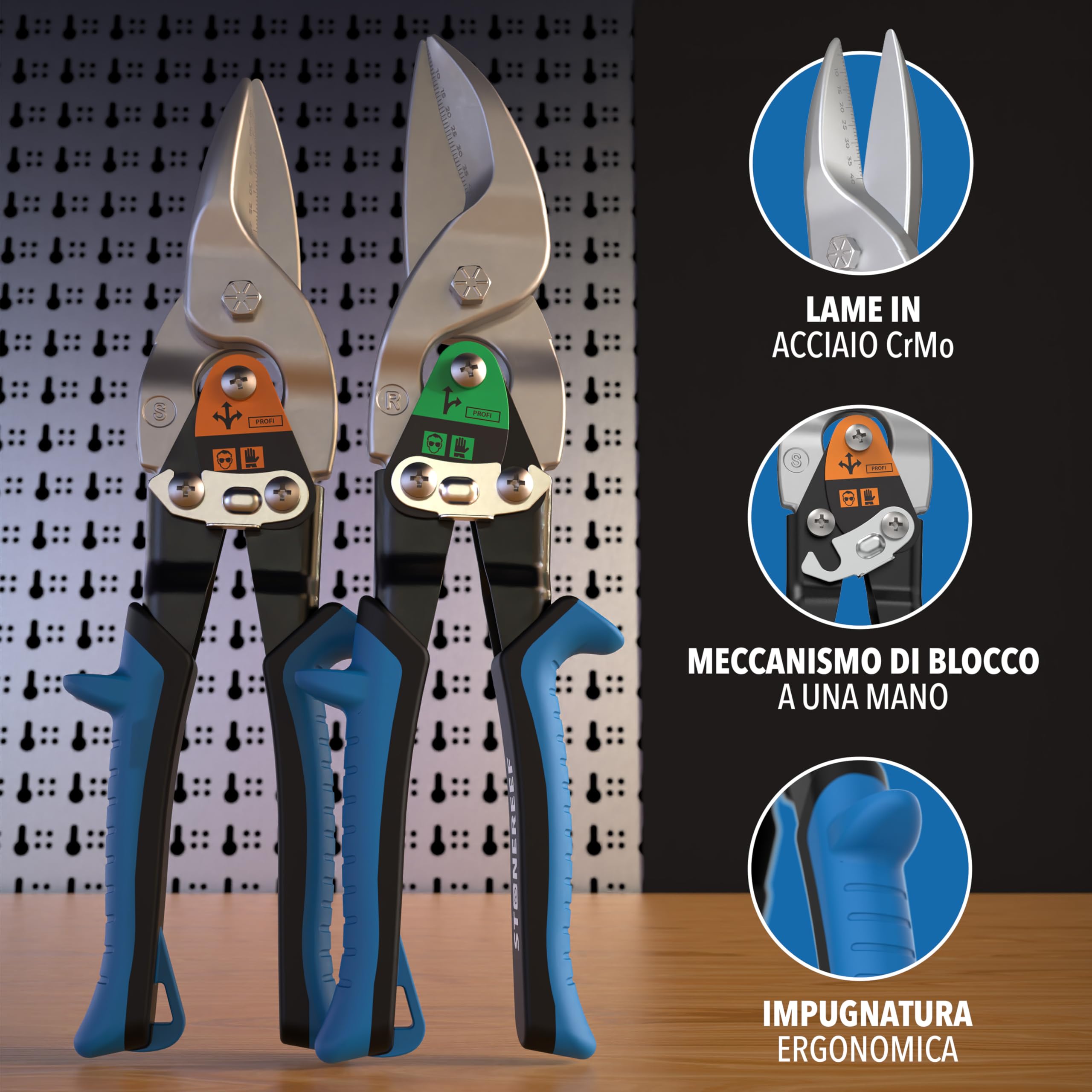 Set di cesoie per lamiera con taglio dritto e destro - [scala interna in millimetri] - Cesoie metalliche per cartongesso, lamiera ondulata, metallo, cesoie per filo per reti metalliche, cesoie per