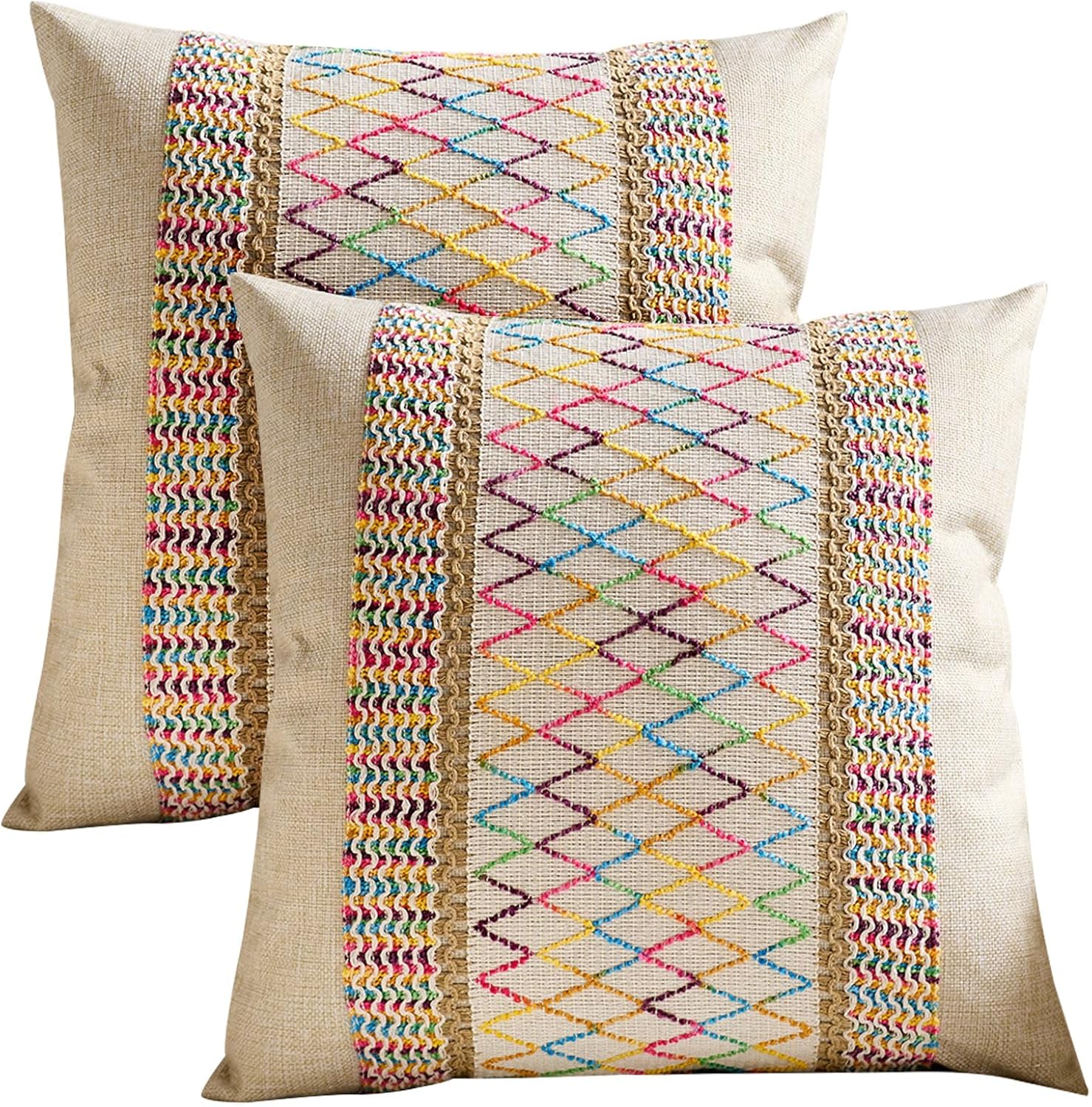 2 Pack Farmhouse Decorative Pillow Case Boho Rustic Retro Cushion Cover Soft Colorful Woven Throw Pillow Covers for Living Room Sofa Bedroom