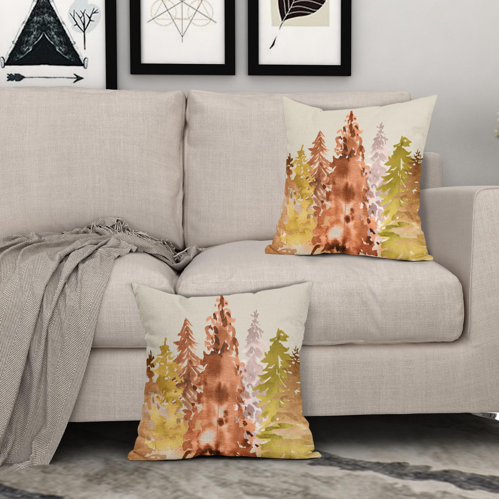 2 Federe Per Cuscini 45x45 Cm Autunnali - Impermeabili, Design Acquerello Con Foglie E Barattolo