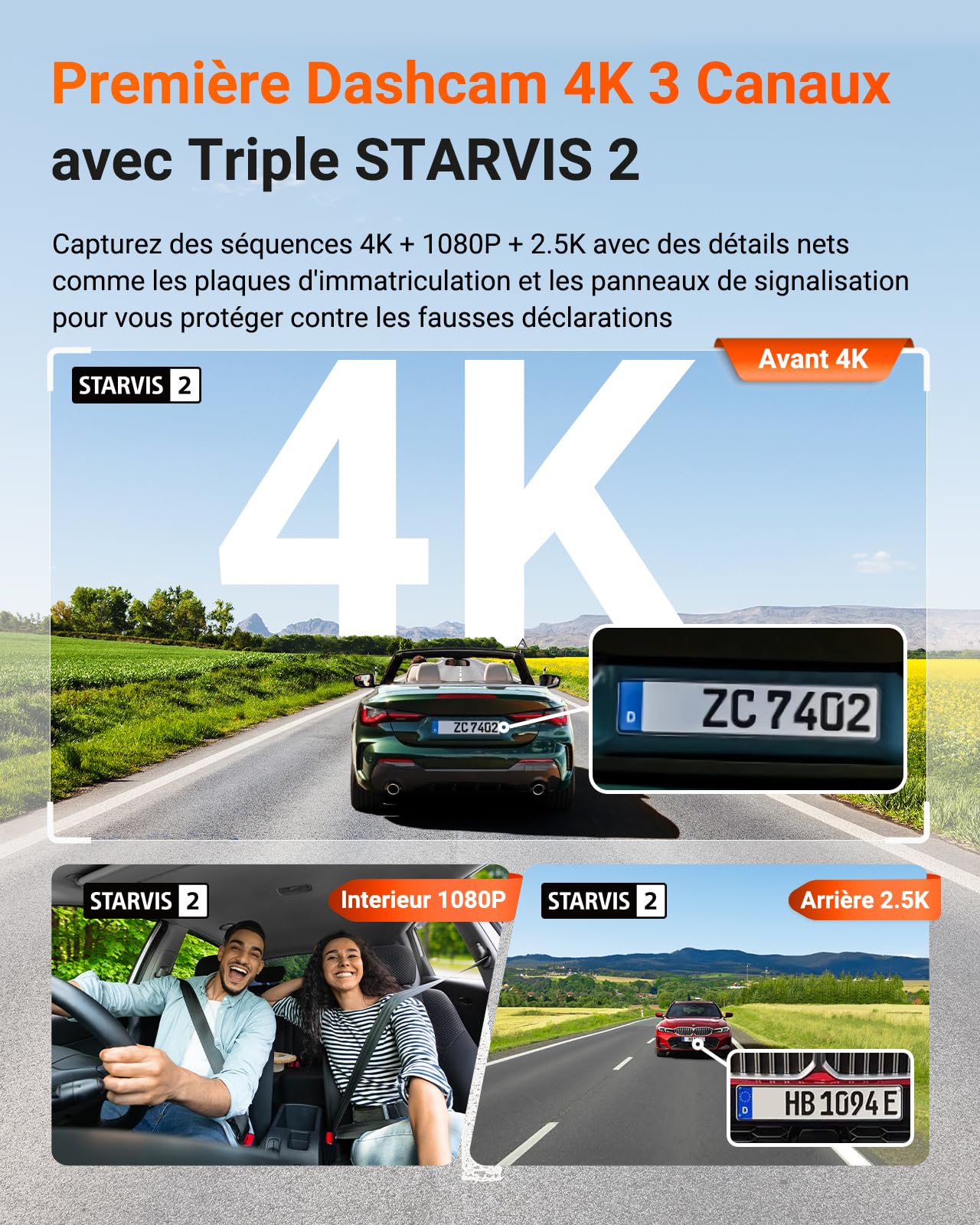 VANTRUE N4 Pro S 3 STARVIS 2 Dashcma Voiture 4K+ 1080P+ 1440P 5GHz WiFi PlatePix™ Caméra embarquée Infrarouge GPS 360°HDR Mode Parking Tampon,Commande Vocale en français, LTE Optionel, Max 1To