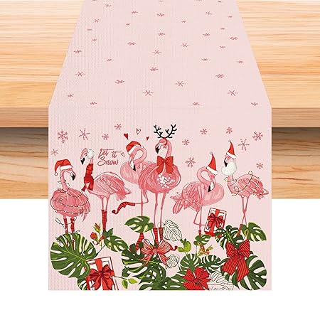 Jiudungs Linen Pink Hawaiian Tropical Flamingo Christmas Table Runner 72 Inches Long Hawaii Beach Christmas Xmas Winter Holiday Home Kitchen Table Decorations
