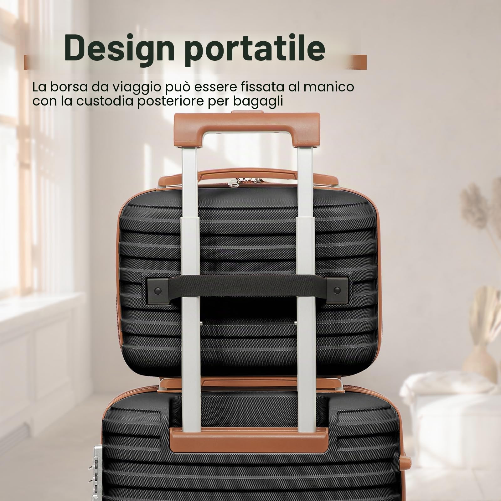 Joyway Set Valigie 6 pezzi guscio rigido ABS 4 ruote, serratura TSA, Nero | Astuccio cosmetici, borsa viaggio espandibile, borsa toilette inclusi. Valigia espandibile, cerniere YKK, ruote doppie 360°