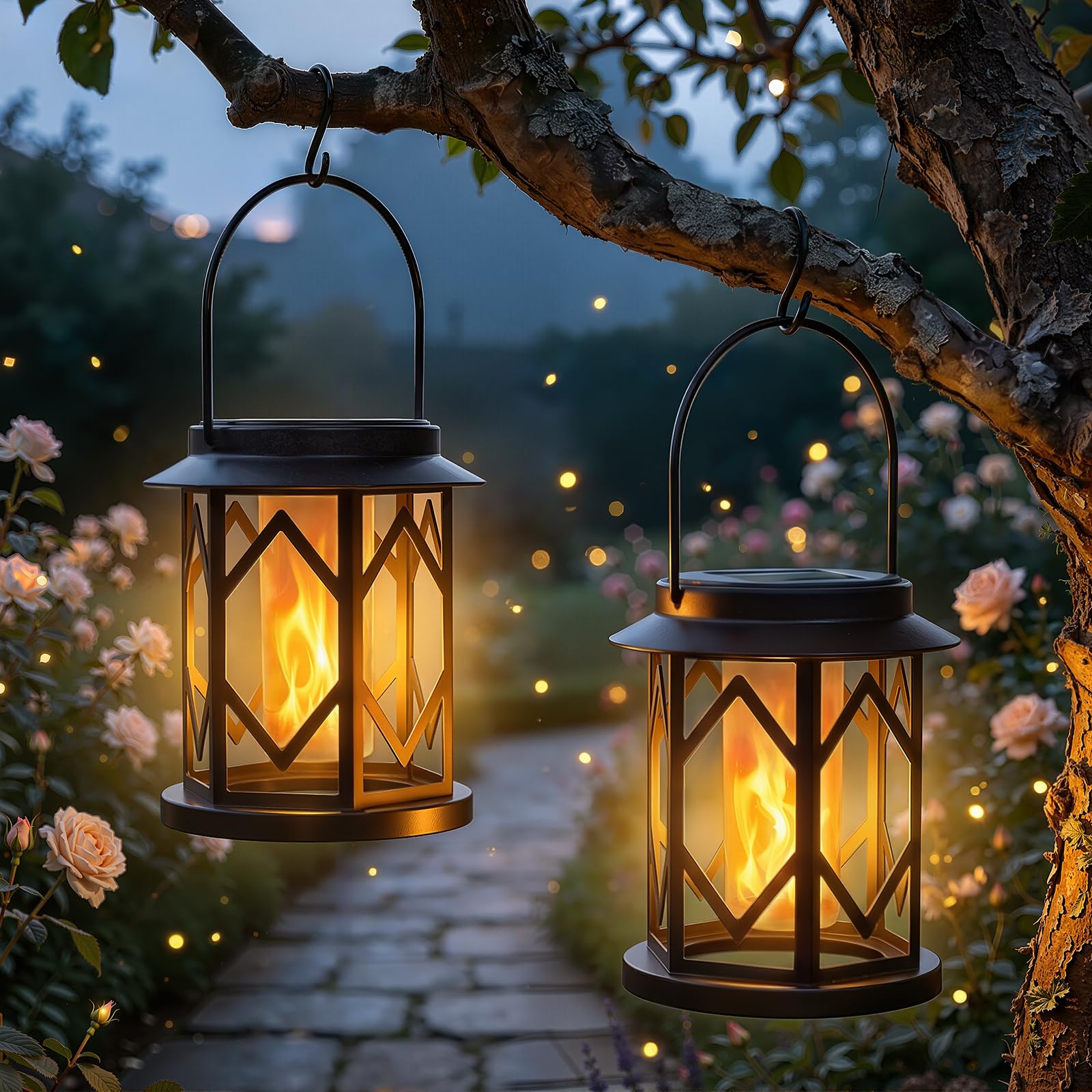 Luz Solar Exterior Colgantes Jardin 2 Piezas, Luces Solares LED Exterior con Efectos de Llama Realistas, Impermeable IP65 Metal Farolillos Solares Exterior para Jardín Balcón Terraza Regalos