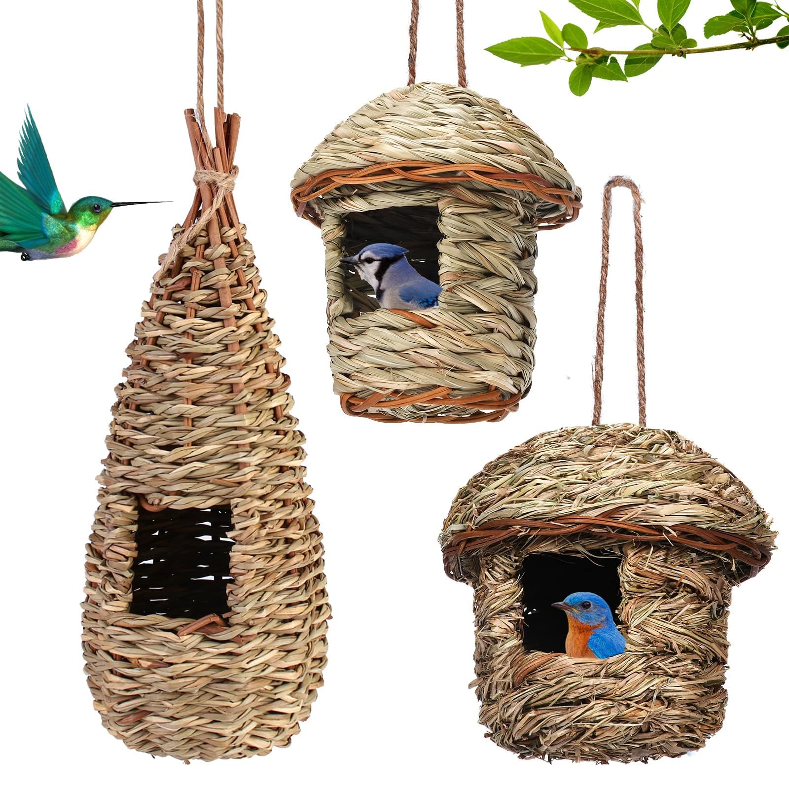 3 pezzi per casetta per uccelli, per appendere l'erba, per uccelli selvatici, per esterni, per nidificare gli uccelli, per piccoli come colibrì Robin passero