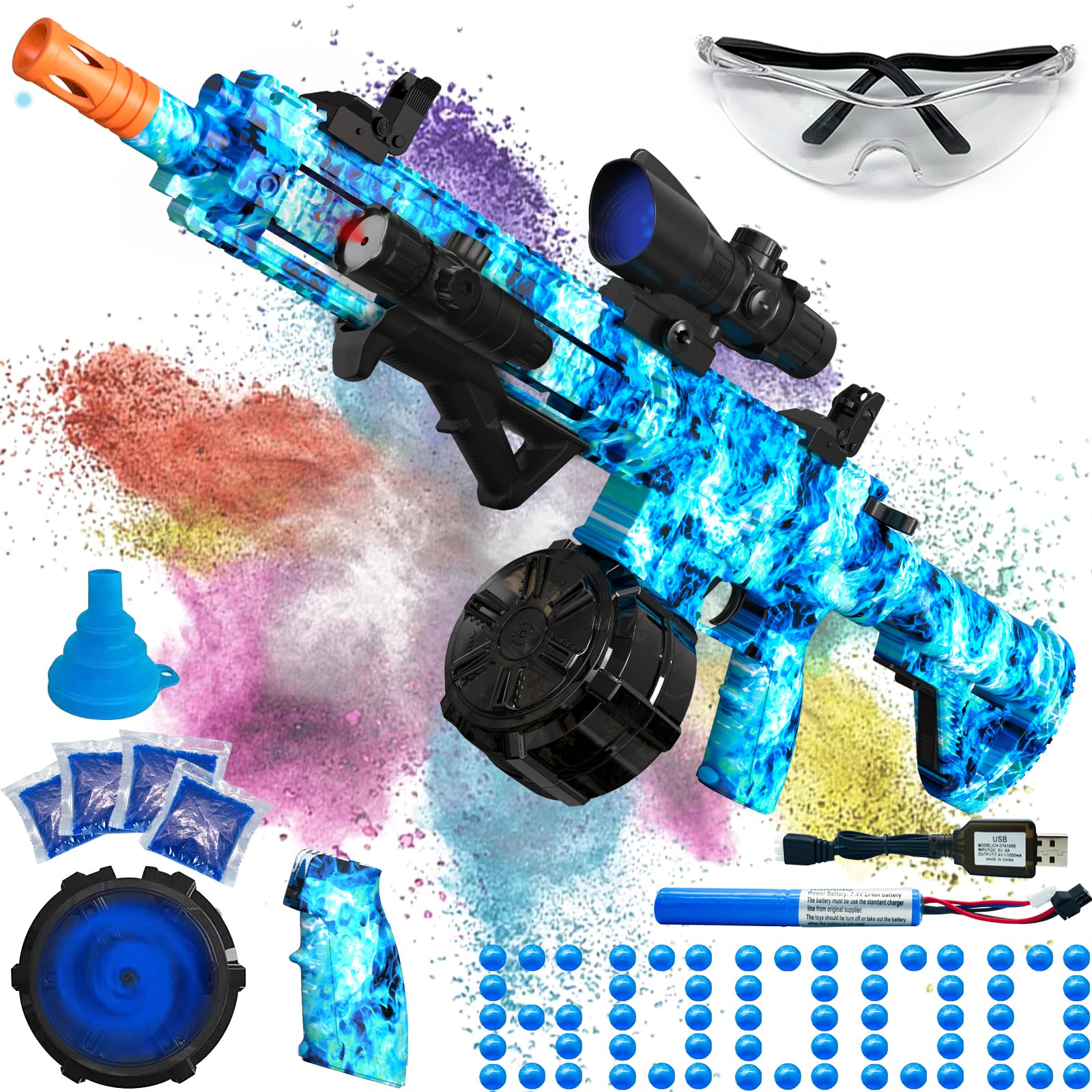 Electric Gel Ball Blaster, High Speed Automatic Splatter Ball Blaster with 60000+ and Goggles, JIFTOK Rechargeable Splatter Ball Toys for Outdoor Activities Shooting Game Party Favors-Bluefire