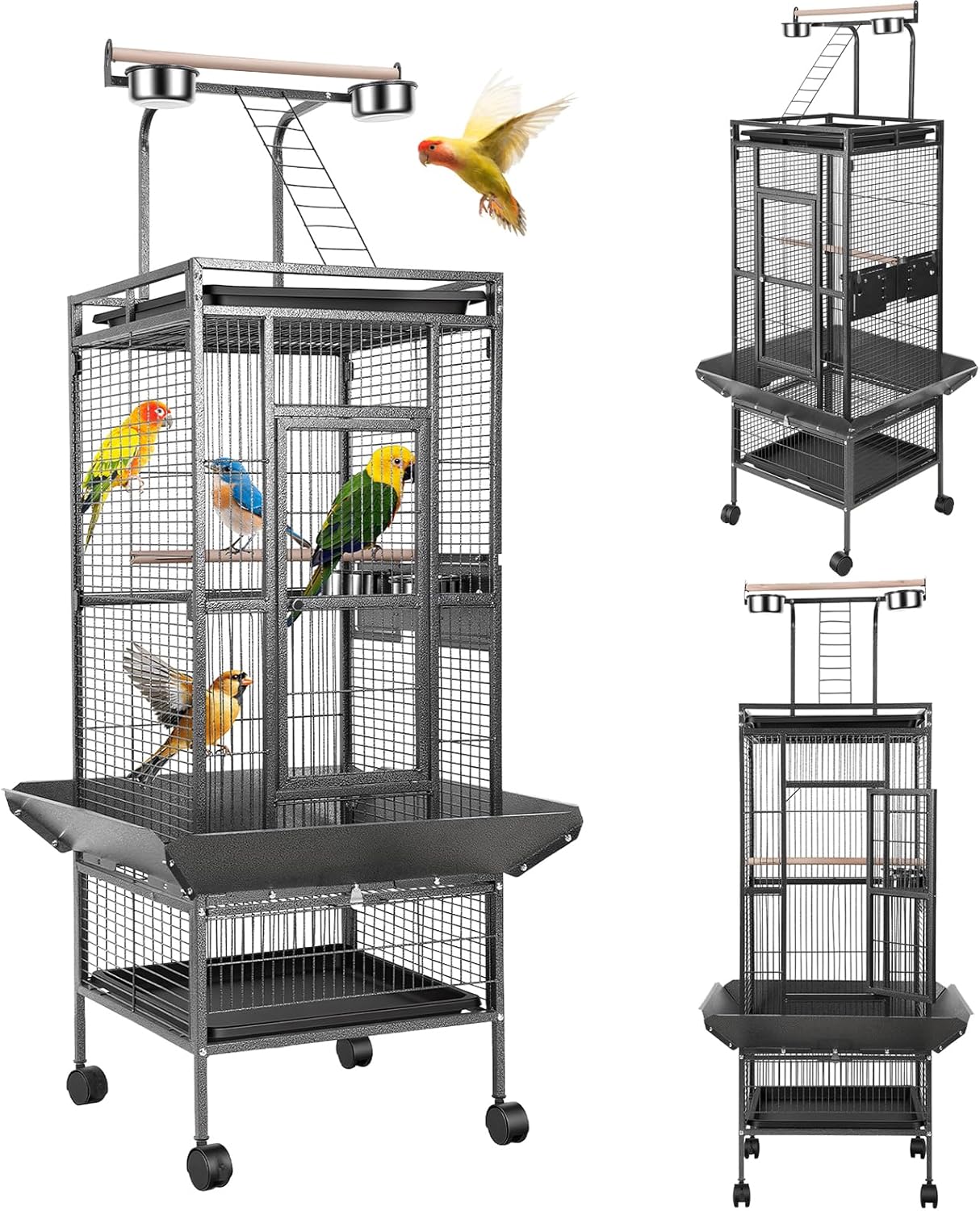 59" Extra Large Wrought Iron Bird Cage, Rolling Metal Parrot Cage with 360° Wheels, Play Top, Slide-Out Tray & Feeders, Suitable for African Grey, Cockatiel, Sun Parakeet, Conure, Lovebird ﻿ (Black)