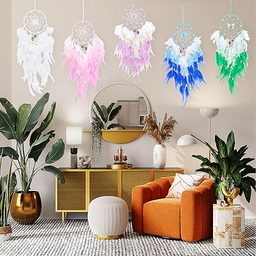 Miniatura 6 de Atrapasueños de árbol de la vida de mariposa de ensueño, decoración de pared, atrapasueños verde con piedra de cristal, atrapasueños de plumas