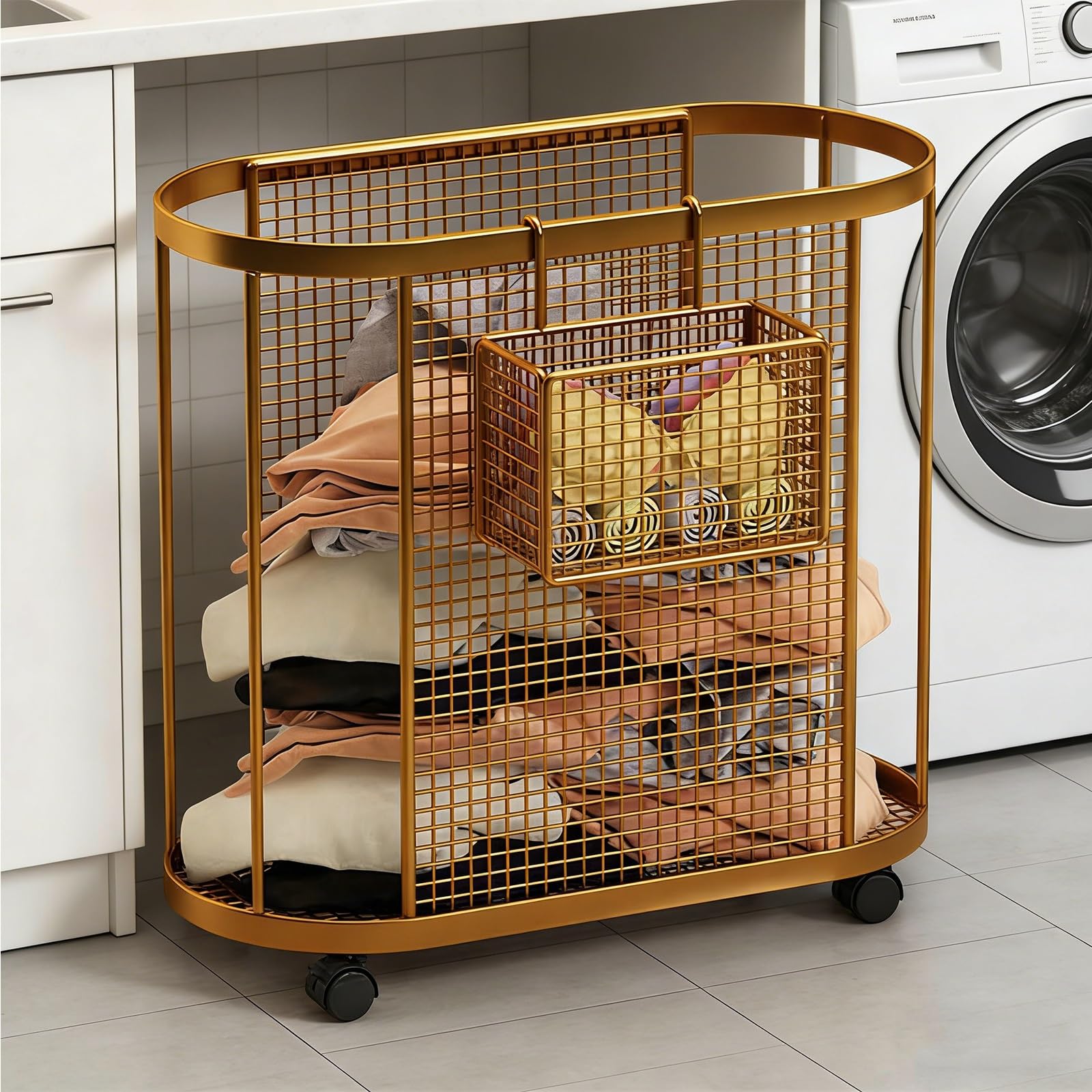 SFSLBFB Metal Rolling Laundry Cart with Wheels, Mobile Hamper with Hanging Basket, Multifunctional Storage Organizer for Laundry, Bedroom, Living Room