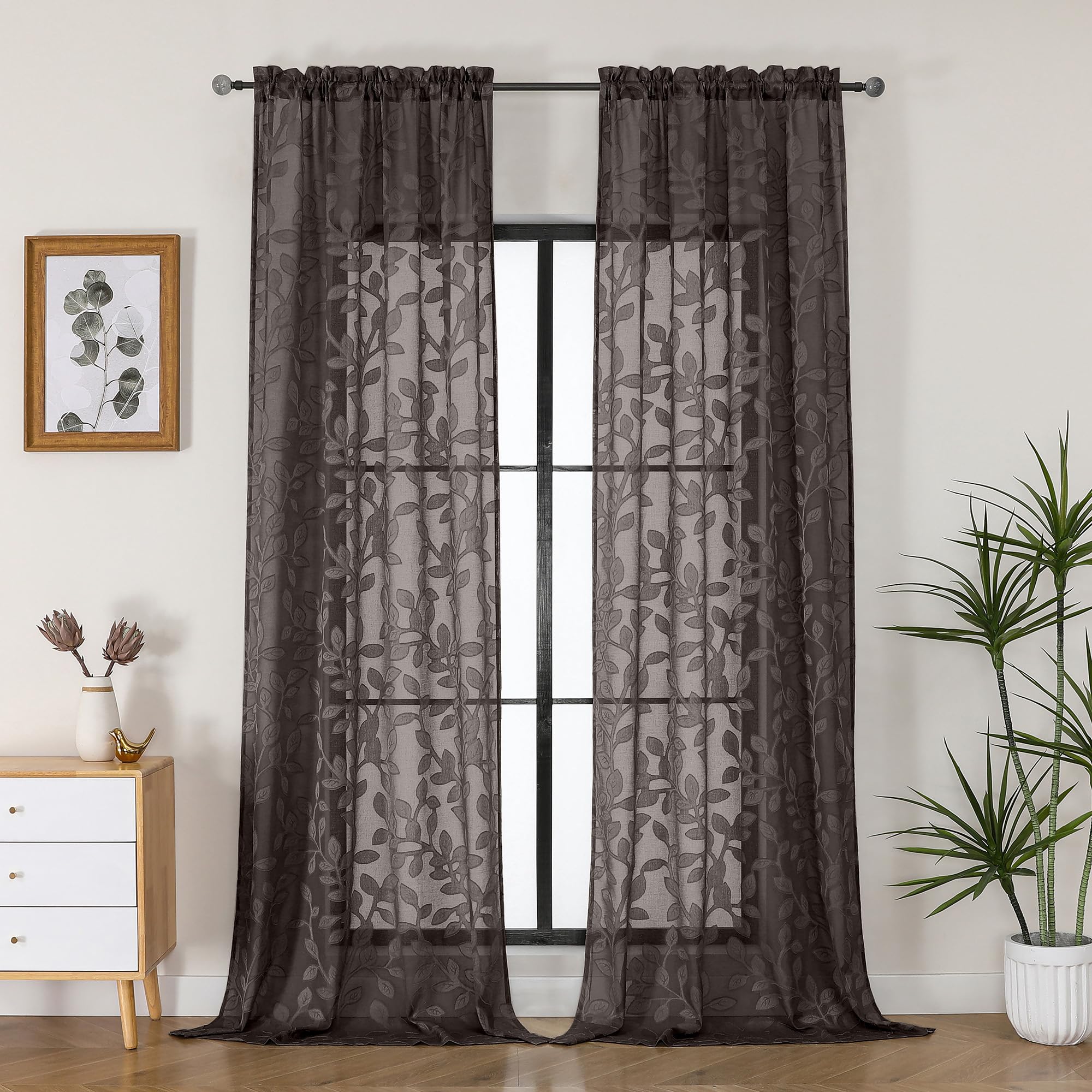 OVZME Brown Sheer Curtains 96 inches Long 2 Panels for Living Room, Jacquard Clip Leaf Pattern Textured Light Filtering Window Semi Sheer Voile Drapes for Bedroom, Each Panel 42 x 96 Inch