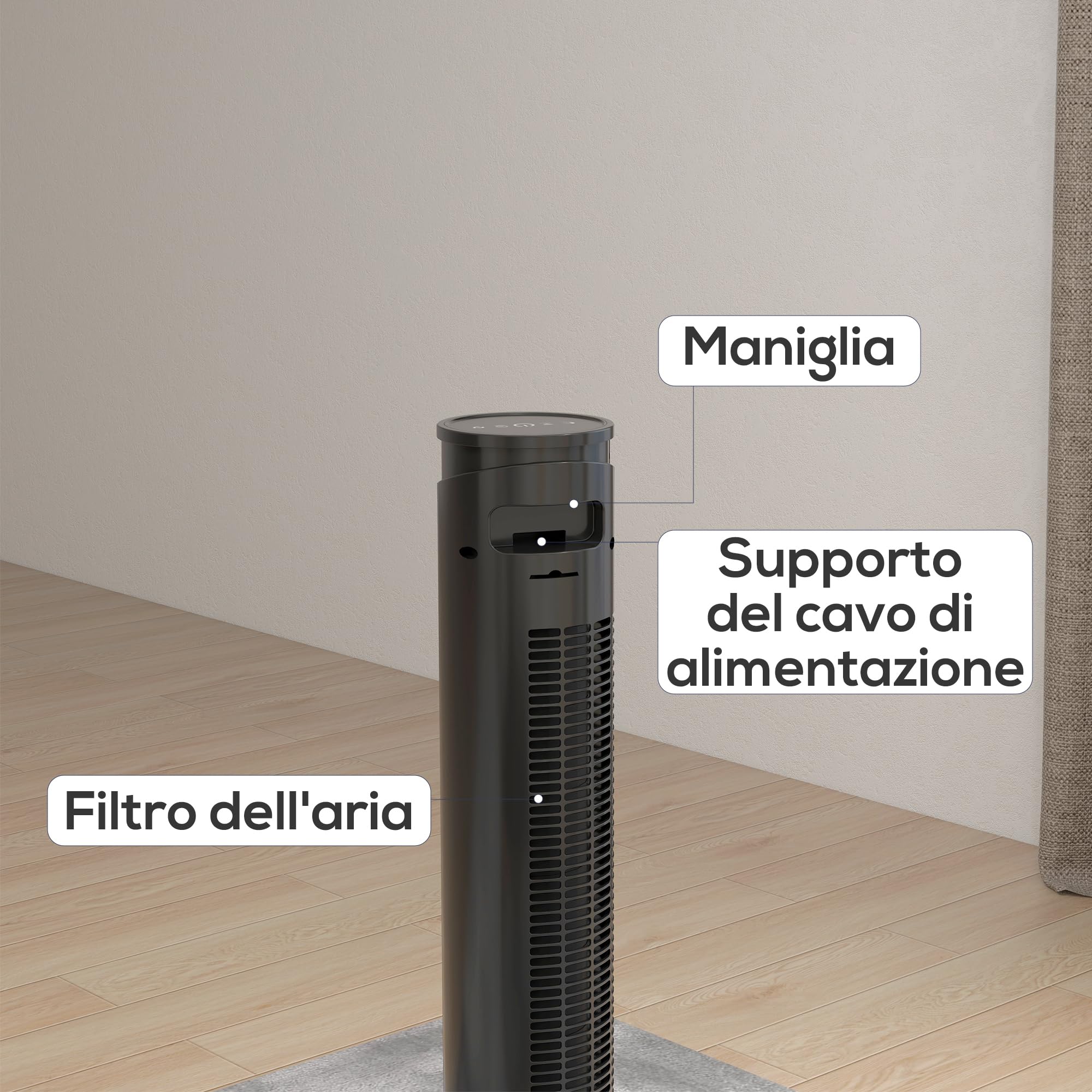HOMCOM Ventilatore a Torre 45W a 4 Modalità e 3 Velocità con Timer da 12h, Ventilatore da Terra in ABS con Telecomando e Filtri dell'Aria, Ø31.5x93 cm, Nero