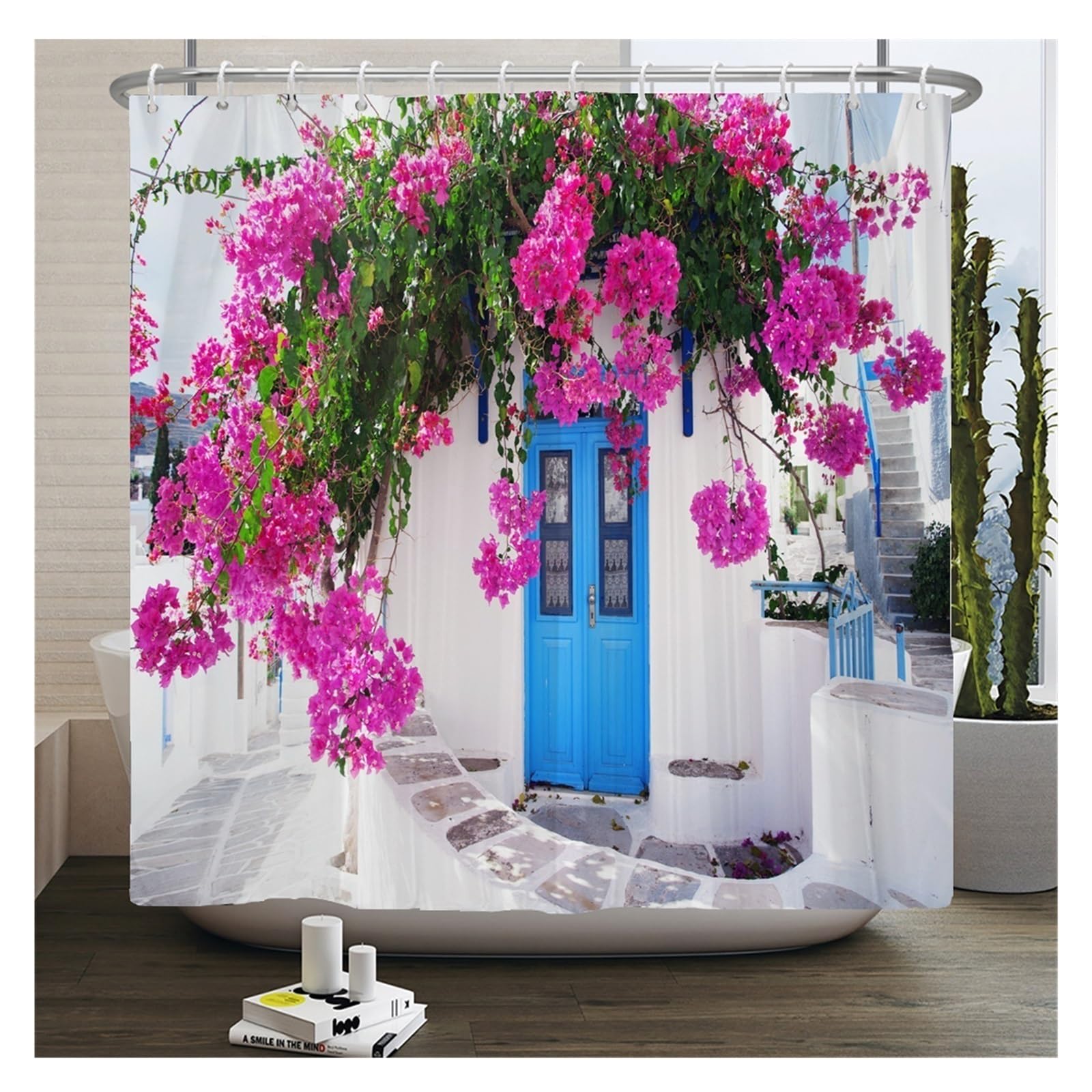 Cortina De Ducha Cortinas de Ducha Impermeables con Paisaje de Flores, Cortinas de baño de Flores de Calle Rural, Tela de poliéster, decoración Lavable, Cortinas de baño(JK1414,W300xH180cm)