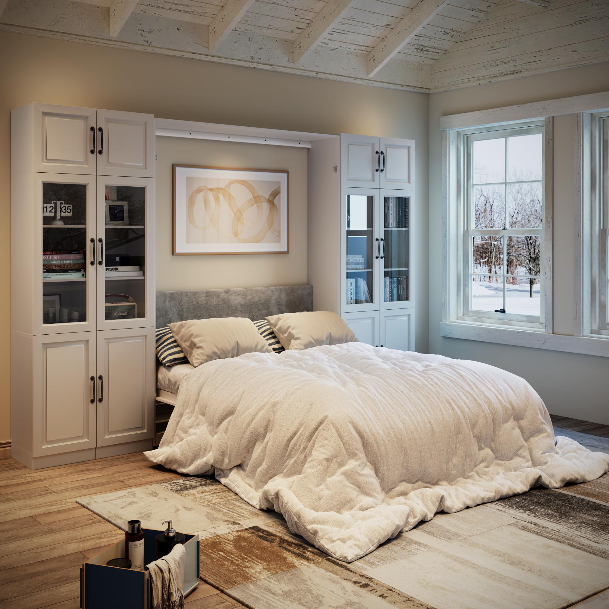 Farmhouse Murphy Bed Queen, 85" Wall Bed Folds to Save Space, Concealed Bed Frame with 2 Glass Storage Cabinets and Wall Mounted Features for Apartment/Office/Guest Room