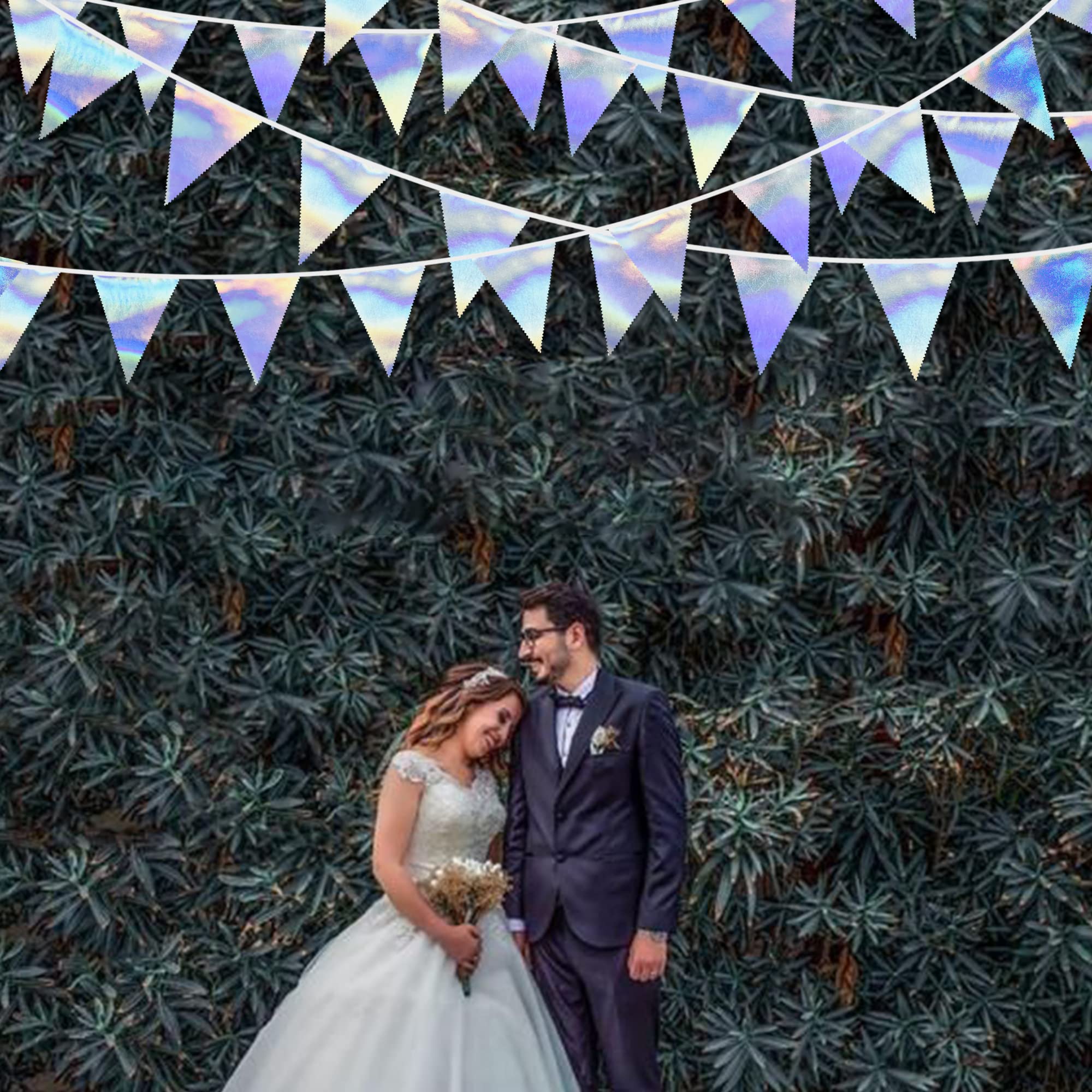 Decoración de fiesta iridiscente de 33 pies tela holográfica triángulo banderín bandera bandera de algodón guirnalda para cumpleaños boda boda despedida de soltera compromiso discoteca euforia galaxia