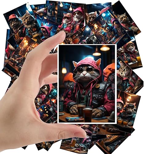 Calcomanías grandes, 24 piezas (2.5 x 3.5 pulgadas cada uno) Gatos de pandillas y perros de pandillas sentados en el bar nocturno en Ciberpunk Town,
