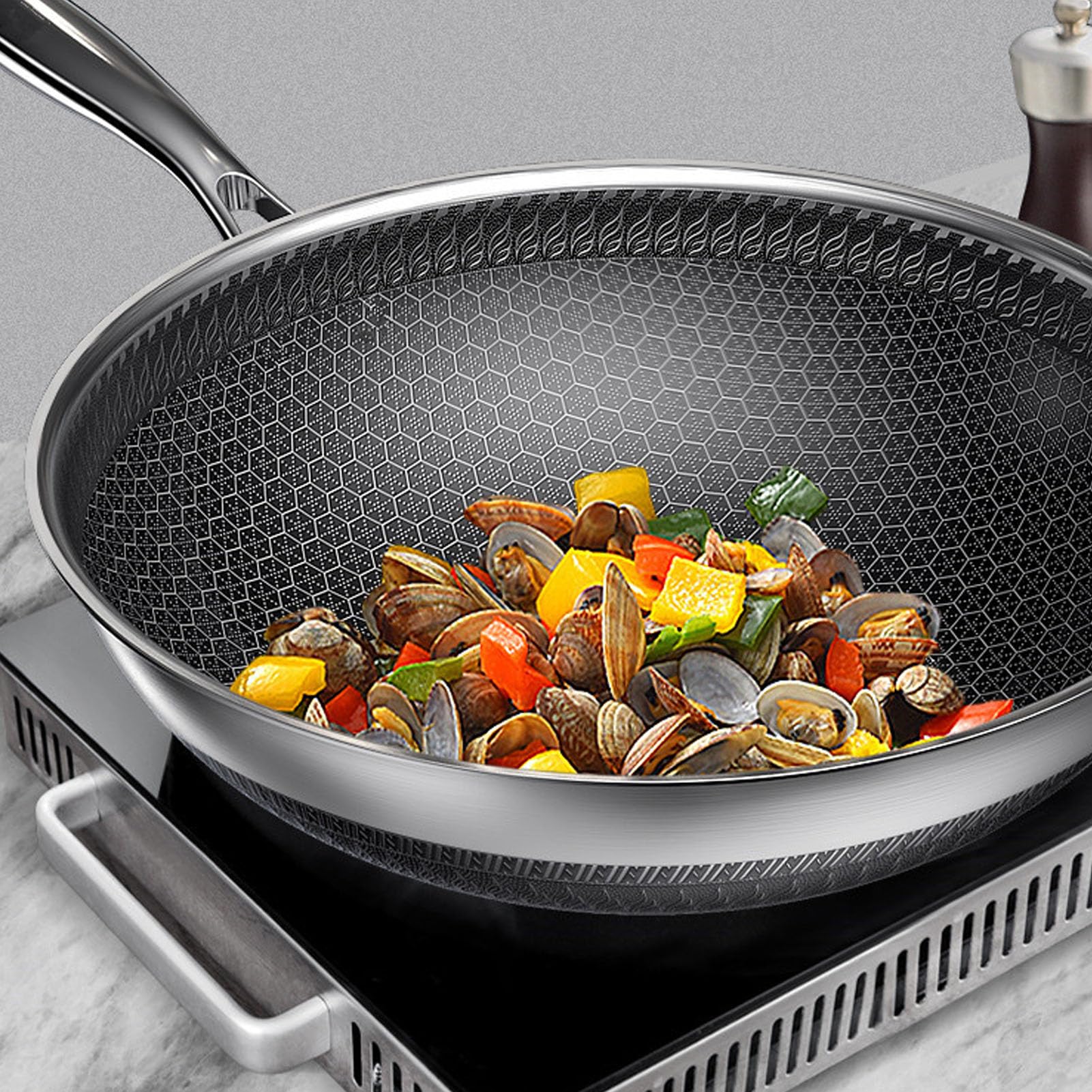 Otwarta Patelnia, Patelnie Nonstick Klasyczne Naczynia Kuchenne ze Stali Nierdzewnej 316 Indukcyjna Płyta Gazowa Kompatybilna z płytą gazową, Można myć w Zmywarce Patelnia do