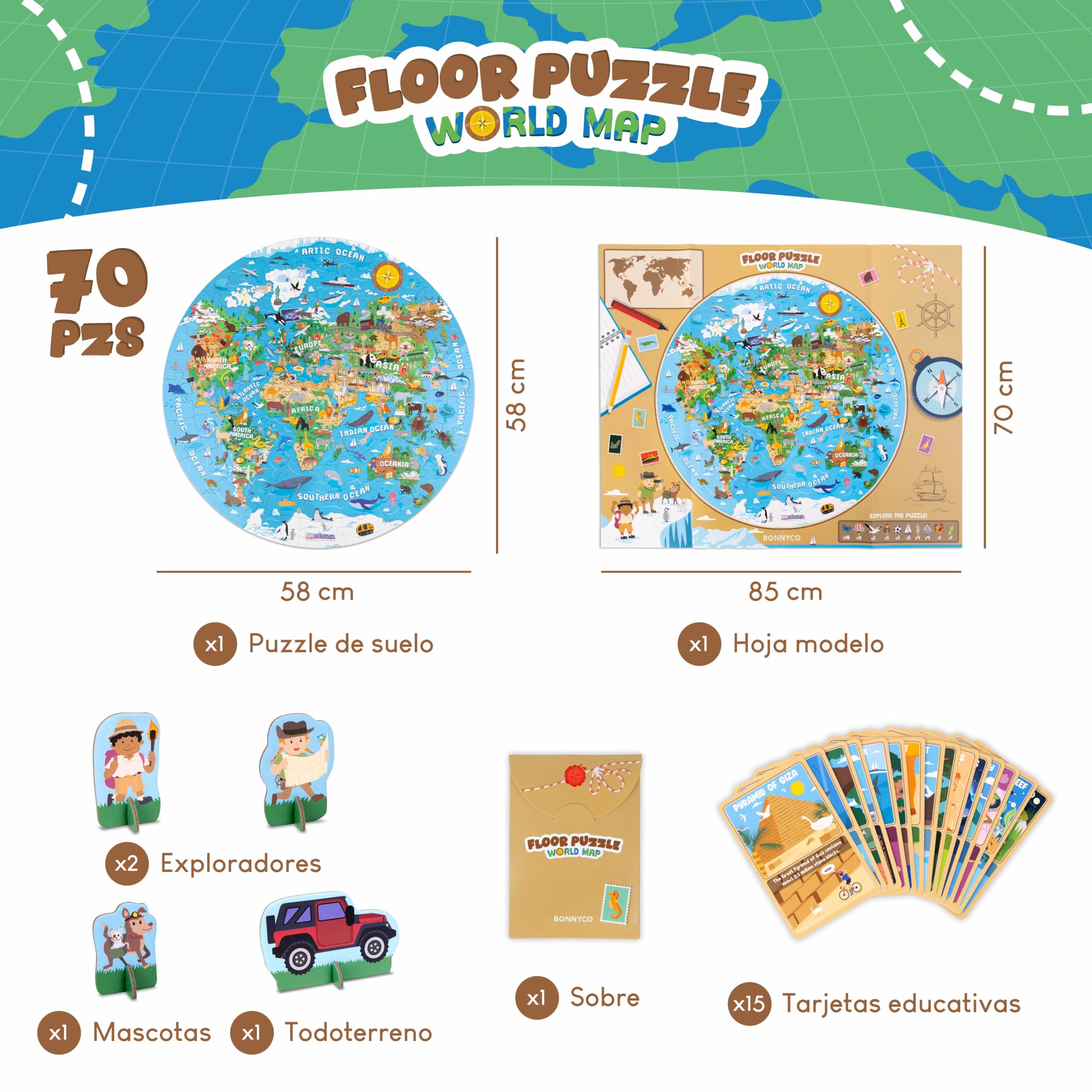 BONNYCO Puzzle XXL Mapa Mundi Niños con 70 Piezas Grandes. Rompecabezas Redondo con Animales, 58 x 58 cm, 15 Tarjetas, 4 Figuras y Guía. Juegos Educativos, Regalos, Juguetes Niños 4 Años
