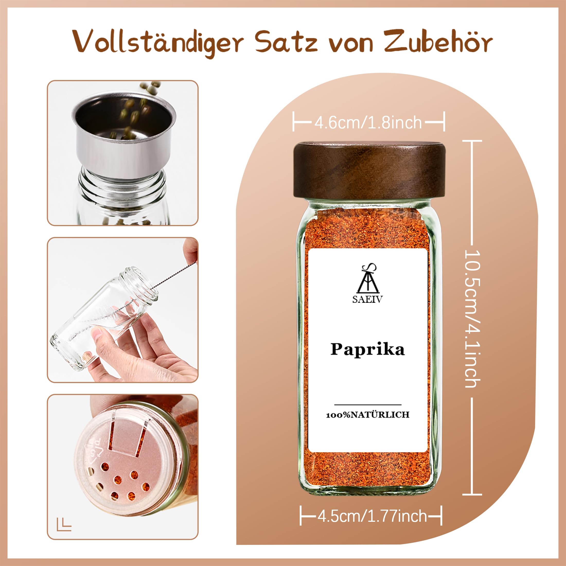 MRVNN Spice Jars 35 sztuk, kwadratowe słoiki na przyprawy z drewnianą pokrywką, 120 ml, zestaw pojemników na przyprawy z pokrywkami i etykietami, antypoślizgowe pojemniki na przyprawy