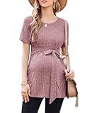 Ekouaer Maternity Tops Short Sleeve Pregnancy Shirts Tee Tunic Casual T Shirt Ribbed Knit Pregnant Clothes