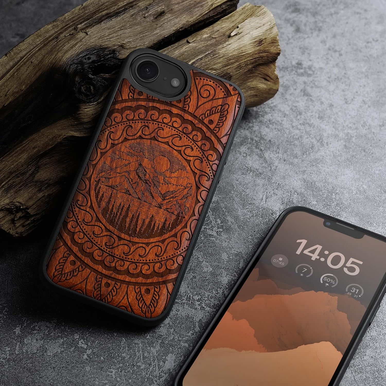 Carveit Magnetic Wooden Case for iPhone 16e / 17e, Solid Wood & Black TPU, Artisan Engraved Design, Shockproof Cover, Compatible with MagSafe Wireless Chargers, Paisley and Nature in Harmony - Rosy