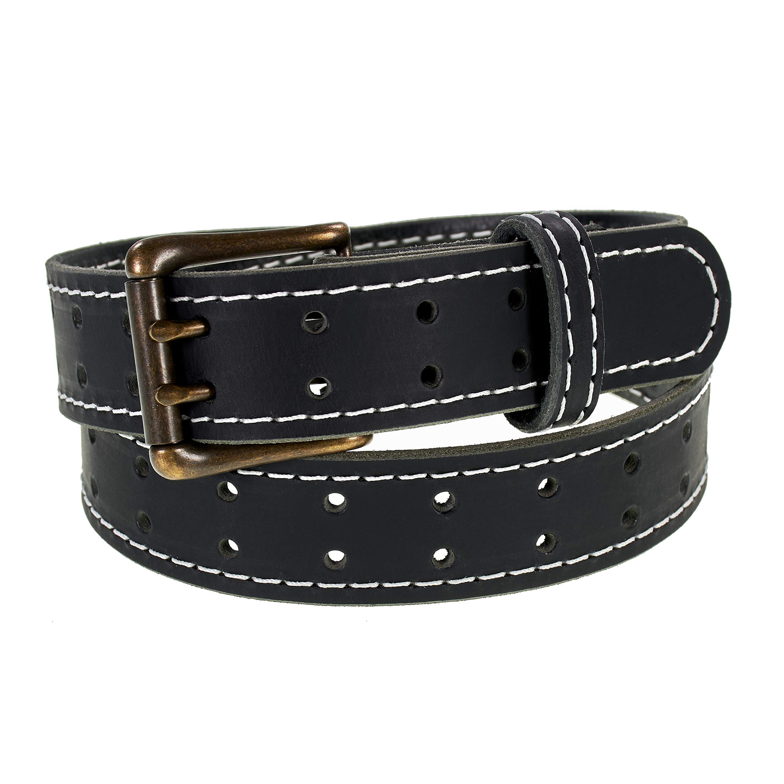 Men’s Classic Leather Belt, Double Prong Retro Style, Antique Brass Buckle, 1 ½” Width, Amish handmade in the USA