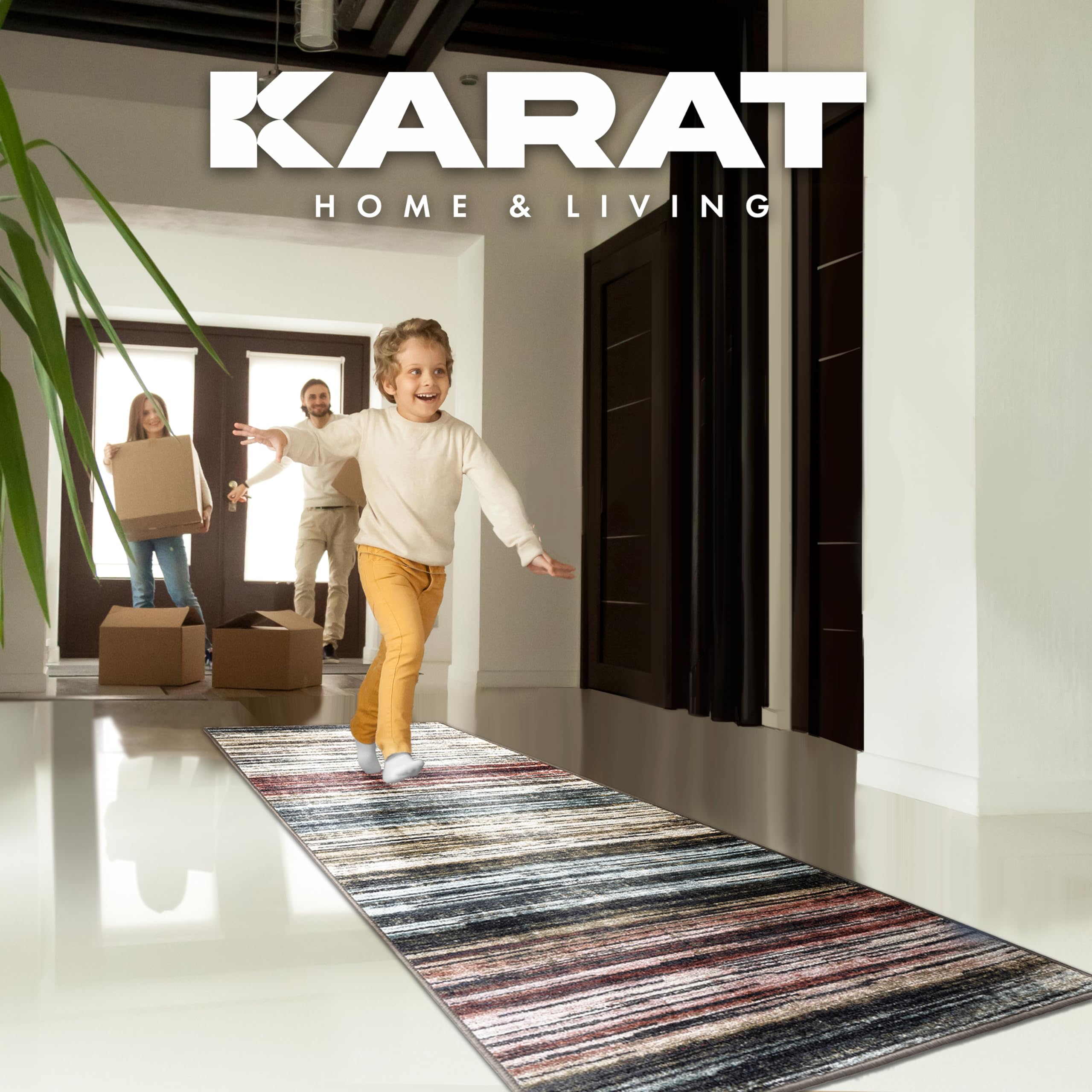 KARAT Teppich Läufer für Küche, Flur & Wohnraum Küchenläufer - Rutschfester Moderner Flurteppich für Wohnzimmer & Schlafzimmer Meterware nach Maß, Beige-Rot, 80 x 450 cm (Cudillero)
