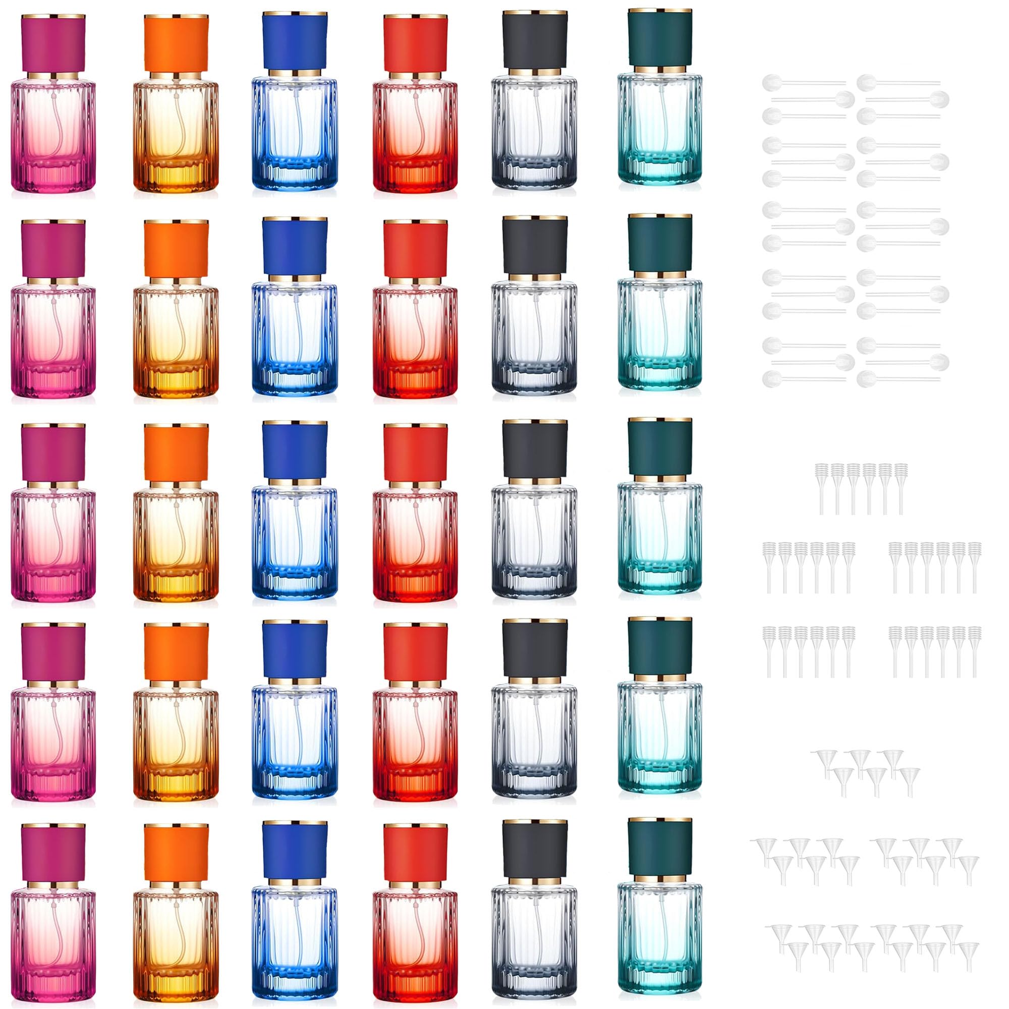 DAYUMKOU Leere Parfüm-Glasflasche, 30 ml, nachfüllbare Parfümflasche mit Farbverlauf, feiner Nebel, Sprühflaschen mit Pipetten und Trichtern, 6 Farben (je 5 Stück)