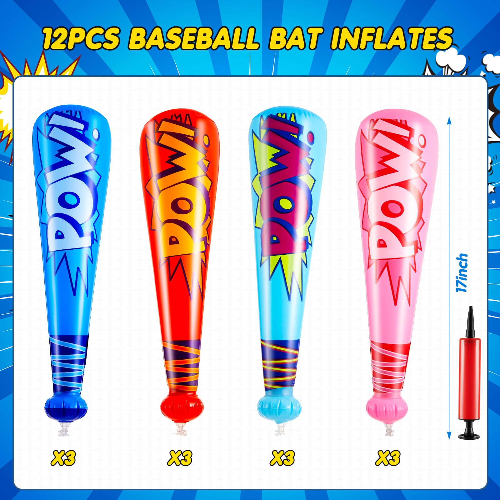 Seematn 12 Pieces Pow Inflatable Baseball Bats 17 Inch Inflatable Toy Bats for Kids Baseball Party Decoration Favor Carnival Birthday Party Supplies Prizes Sports Theme Toys, 4 Colors