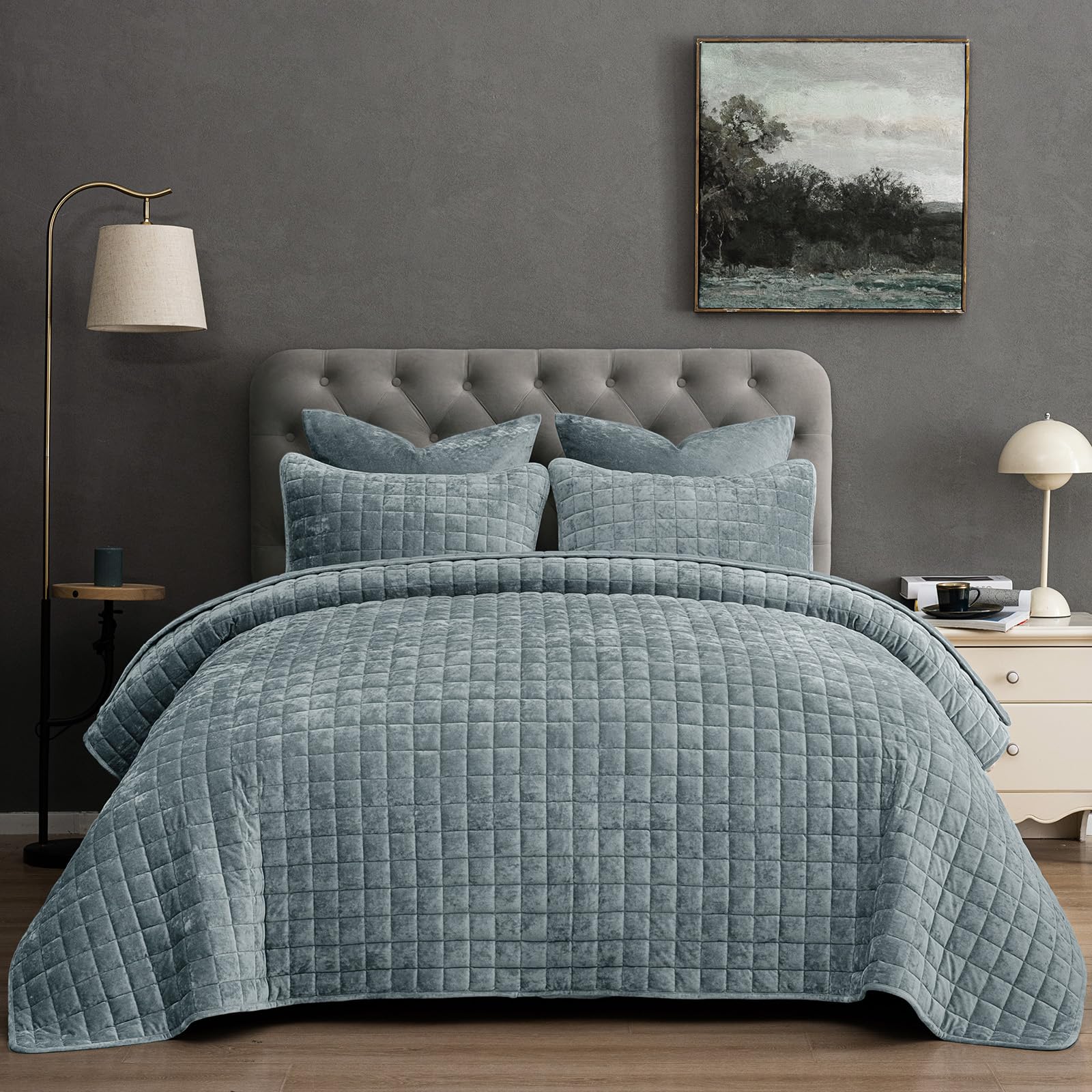 PHF Luxurious Velvet Quilt Set King Size - 3PCS Super Soft Quilted Comforter Alternative with Square-Box Quilt Pattern, Warm Quilted Bedspread Coverlet, 108" x 92", Dusty Blue