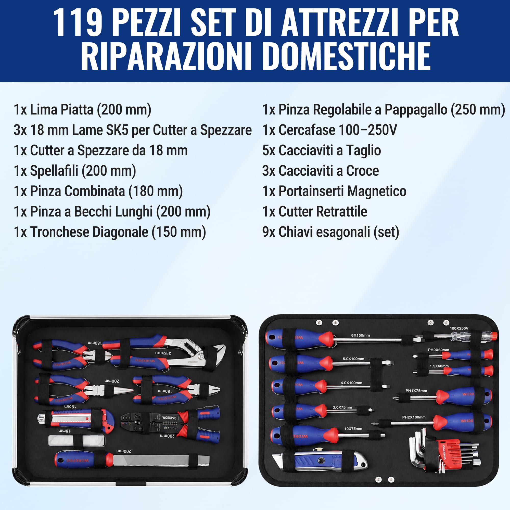 WORKPRO Cassetta Attrezzi da Lavoro Completa 119 Pezzi, Set di Attrezzi, Valigia Porta Utensili, Set Strumenti per Fai da Te