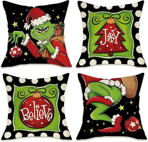 Merry Christmas Joy Believe - Juego de 4 fundas de almohada decorativas de 20 x 20 pulgadas, diseño de árbol de pino de Navidad, funda de almohada