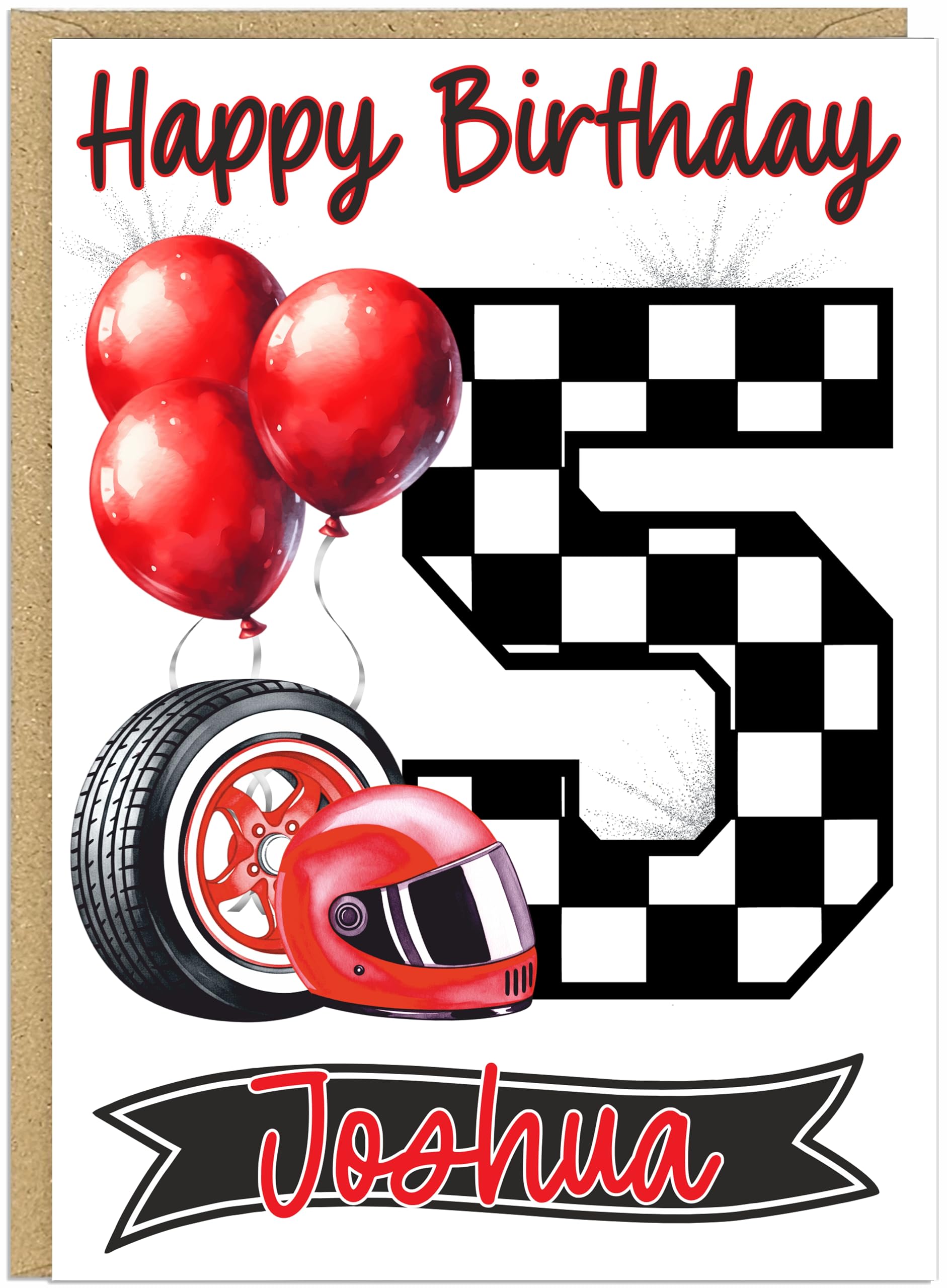 Chequered Flag Personalised Racing Birthday Cards for Boys - Custom Ages 4-9 & Own Customised Name - Happy Birthday Checkered Number Design A5 Cards (Age 5)