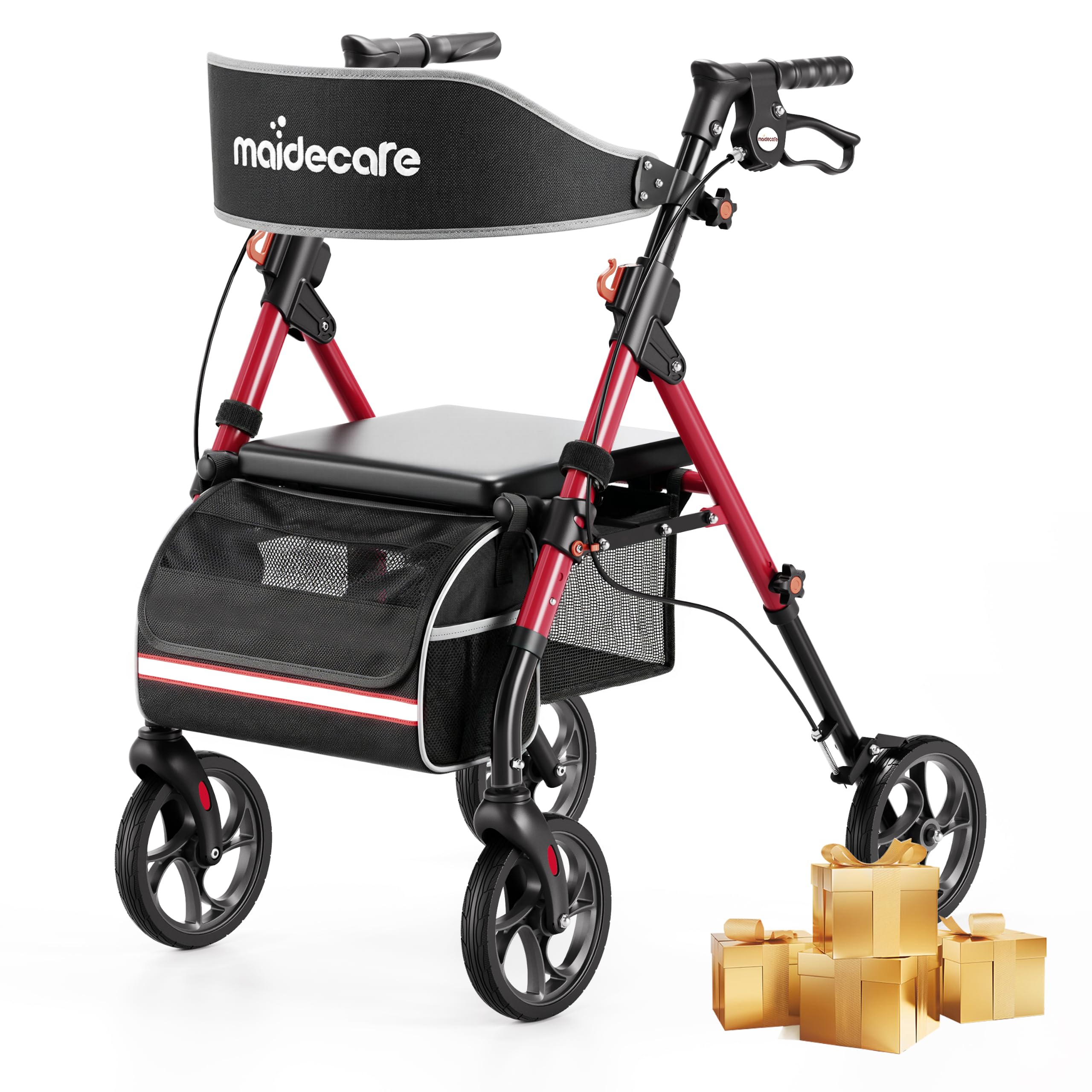 Rollator Walker z siedziskiem i kółkami dla osób starszych, składane rolki z 4 kółkami dla seniorów i niepełnosprawnych, chodzik na zewnątrz / wewnątrz, opony terenowe 20 cm, 6-stopniowa regulacja