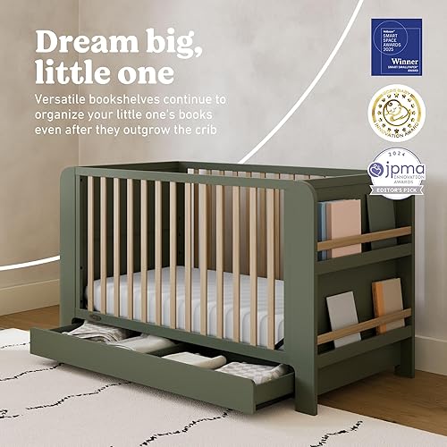 Miniatura 4 de Graco Read-with-Me Cuna convertible 4 en 1 con cajón (Oliva con madera flotante) - Certificado GREENGUARD Gold Se convierte en cama infantil, cama
