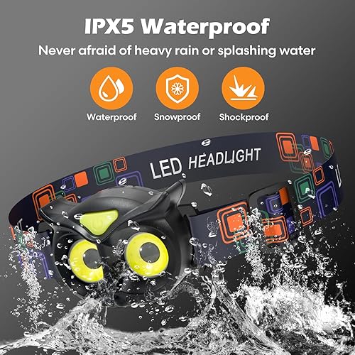 Miniatura 5 de Lsnisni Paquete de 2 faros delanteros para niños, lámpara de cabeza LED con 4 modos, IPX5 impermeable para la frente, linterna de cabeza para