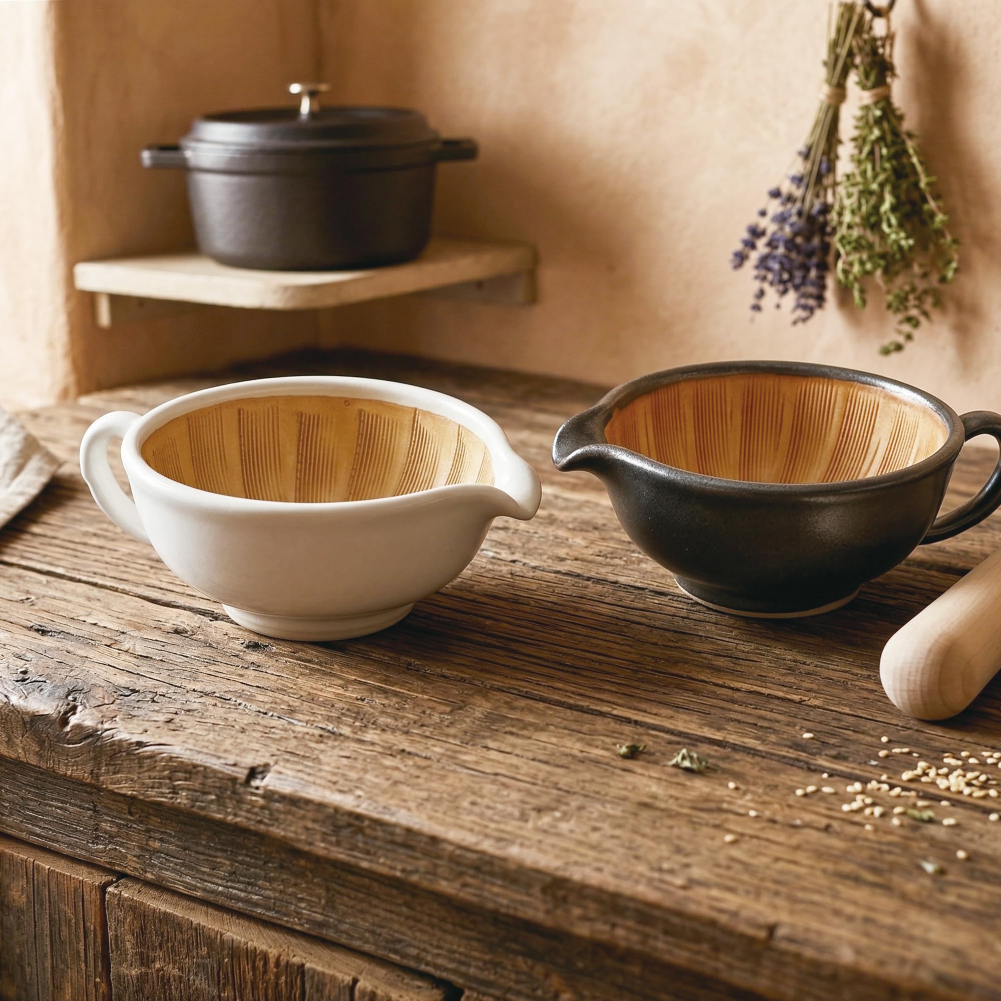SASUGA Juego de mortero y mortero japonés Suribachi, cuenco de molienda tradicional de cerámica con mortero de madera para salsas, sésamo, especias y hierbas (negro)