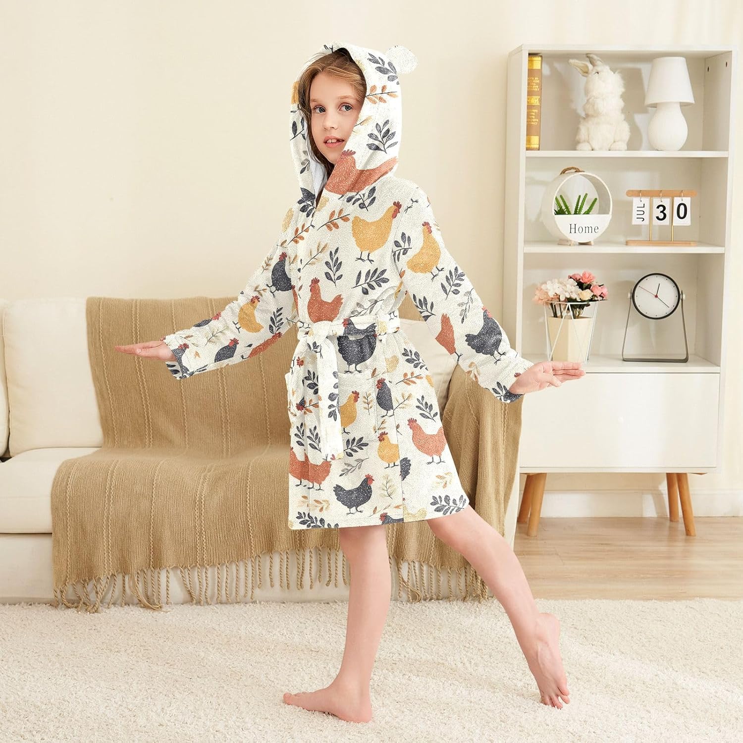 Rooster Leaves Pattern Toddler Hooded Bathrobe for Boys Girls Soft Plush Bath Towel Robe 2-12 Years