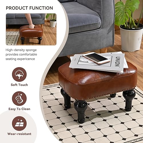 Miniatura 10 de Reposapiés de cuero, otomana de madera, taburete rústico otomano, reposapiés de madera, reposapiés rectangular pequeño otomano para dormitorio, sala