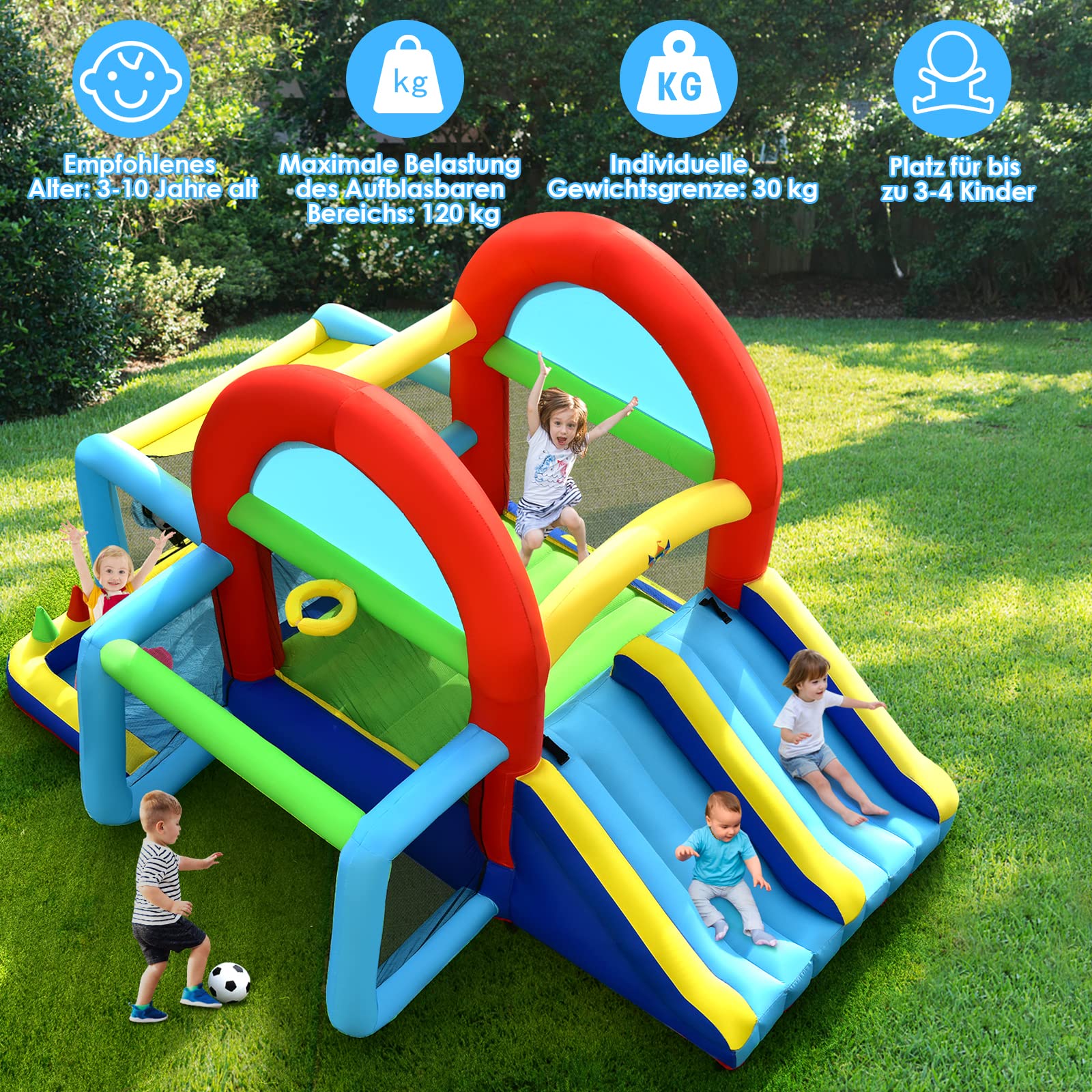 COSTWAY Hüpfburg mit Gebläse, Doppelrutschen, Sprungbereich, Kletterwand, Bällebad, Fußballtor, Basketballkorb, Zielspiel & Ringwurf, Outdoor Hüpfschloss für Kinder, 424 x 300 x 240 cm
