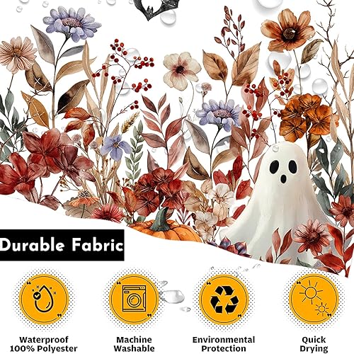 Miniatura 6 de Cortina de ducha de Halloween para baño, cortina de ducha espeluznante con diseño floral de calabaza, fantasma, para decoración de Halloween, diseño