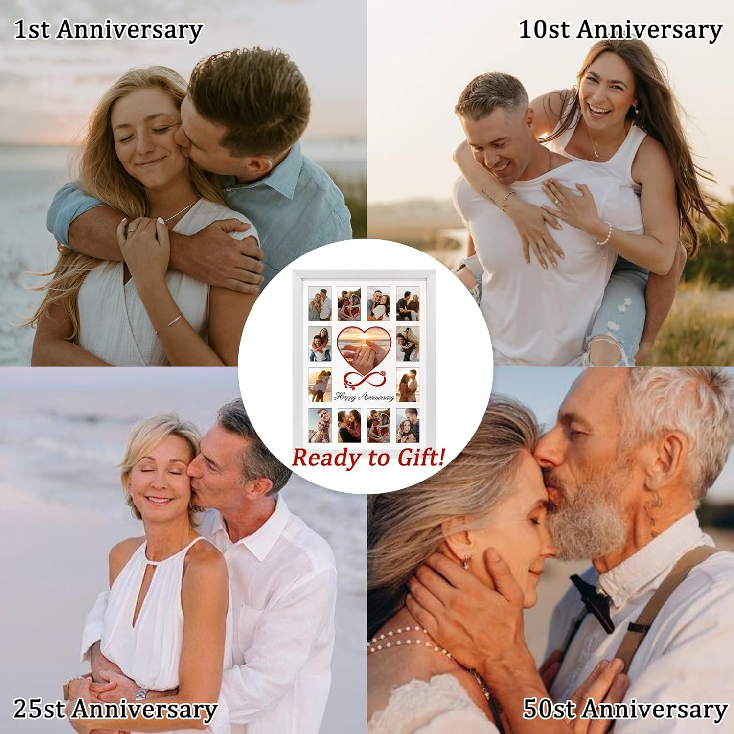 FramePro 12x16 Heart Anniversary Collage Picture Frame, DIY Names Custom Multi Photo Frame Holds 13 Photos, Anniversary Decorations Gifts for Couples Husband Wife, 1st Year Wedding & Valentine’s Day Gift Ideas (White)