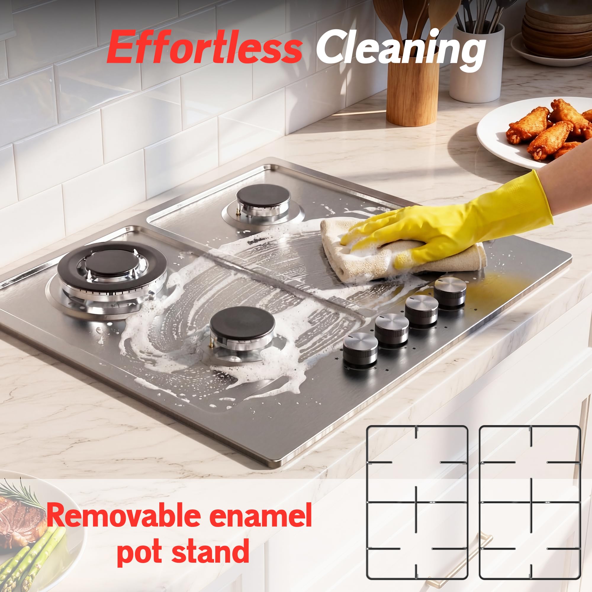 Traenvir Built-in Gas Hob, 7800W 4 Burners Stainless Steel Cooktop with Flame Failure Device, LPG/Natural Gas Convertible, 60 cm — view 6