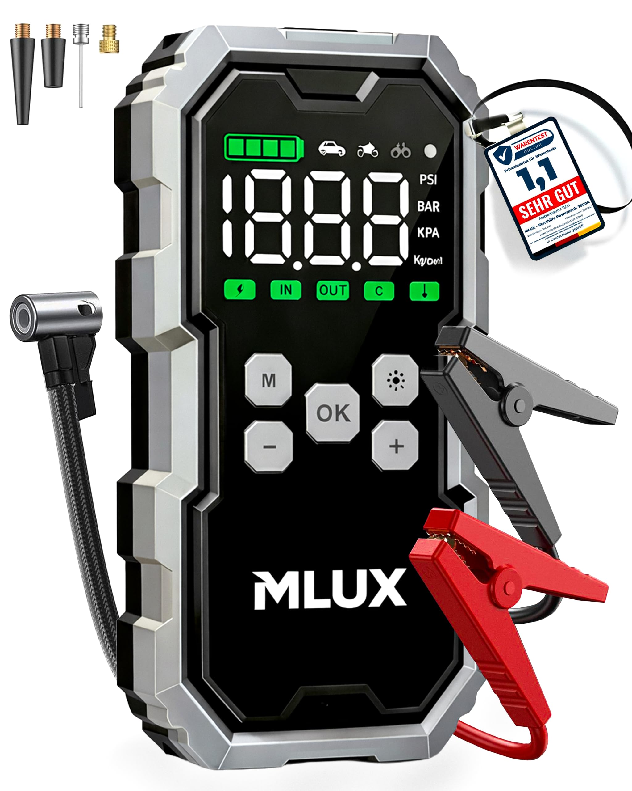 Starthilfe Powerbank für PKW 6000A, 26800mAh Auto Starthilfe Powerbank mit 150 PSI Kompressor, Batterie Booster & Jump Starter für Benzin & Diesel, LED Notfallgerät