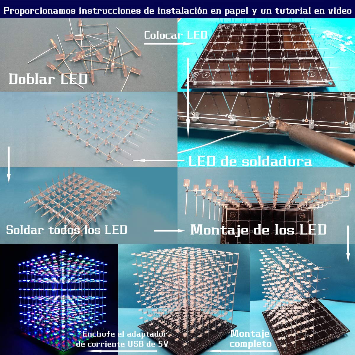 3D Led Cube Kit Diy Soldering Project 8x8x8 Led Light Cube Diy Kits electrónicos Kit de aprendizaje de soldadura programable (3D8S-MULTI)