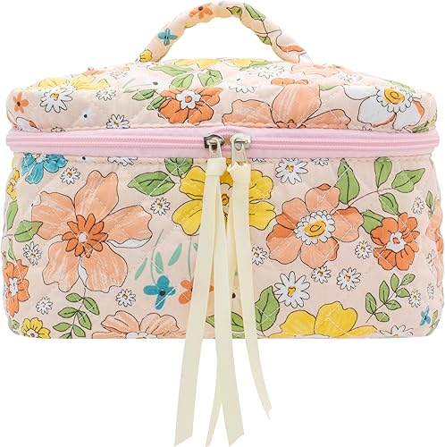 PAZIMIIK Bolsa de maquillaje de algodón para mujer, grande, acolchada y cosmética de viaje, Bolso-Floral Naranja, Natrual