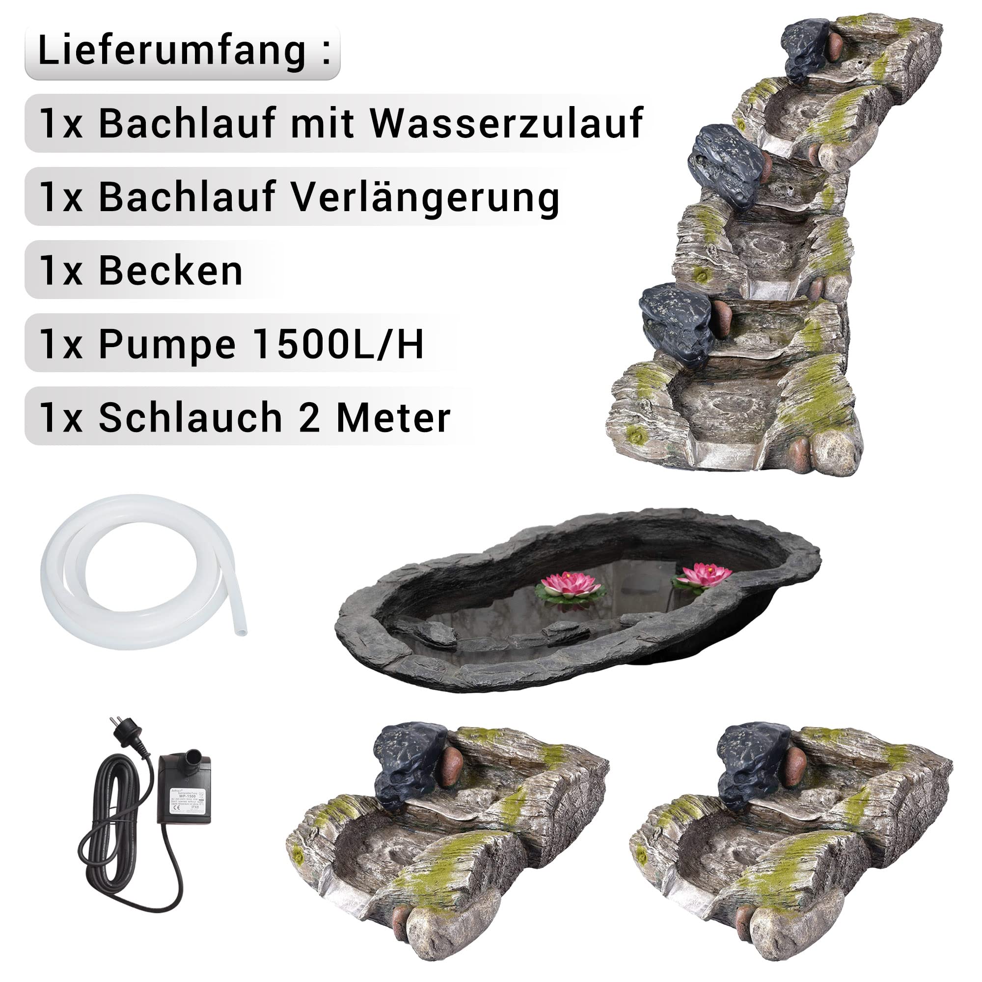 Köhko Bachlauf Auenwald Bachlaufelement Holzoptik Moosbewuchs 3-teiliges Set Becken Pumpe