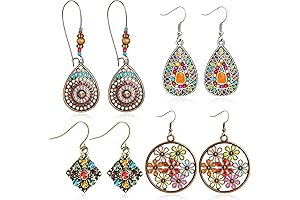 4 Pairs Bohemian Vintage Dangle Earrings Retro Star Rhinestone Earrings Boho Dangle...
