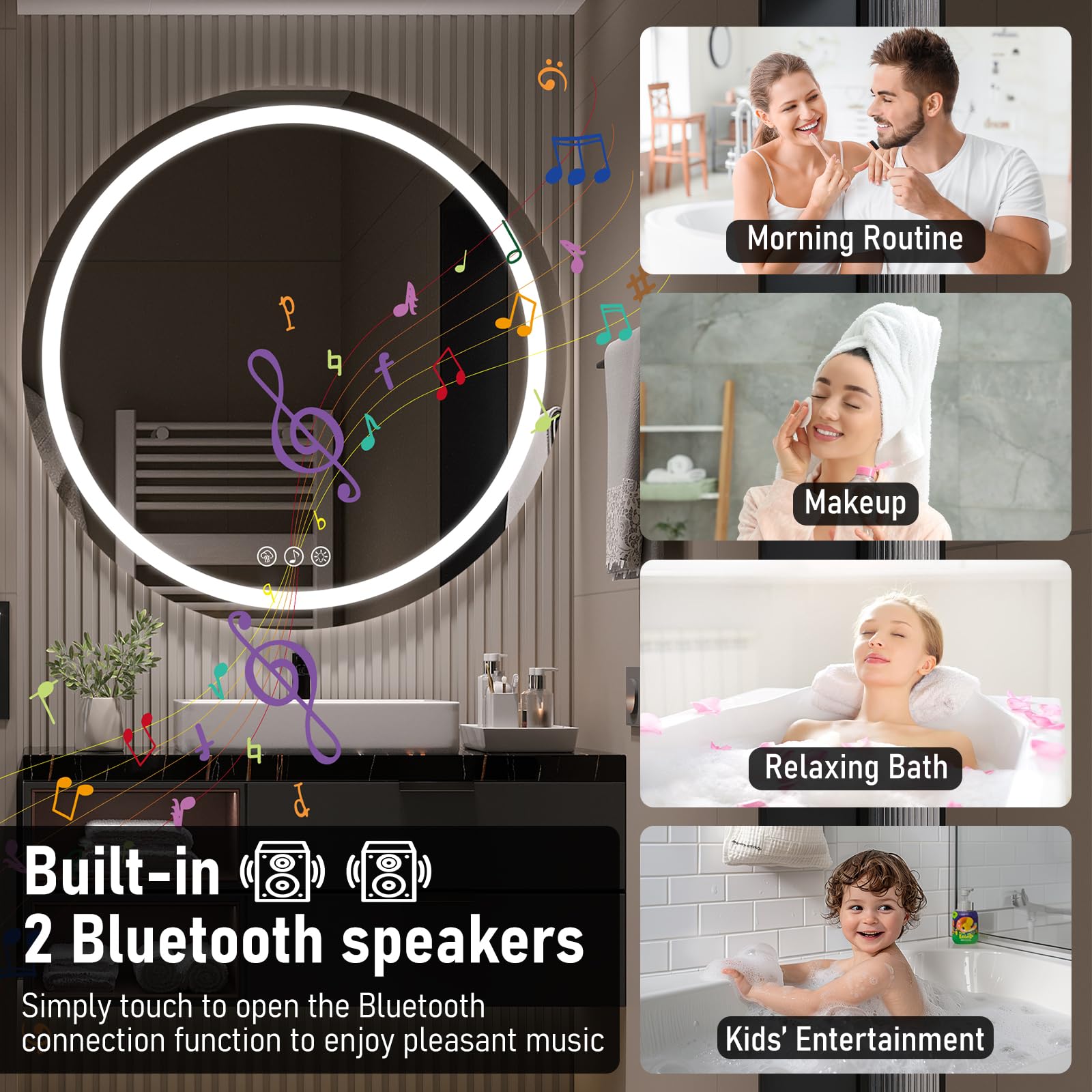 Ratsamee Bluetooth Espejo Baño con Luz Redondo 70cm, Espejos de Baño con LED con Antivaho, Regulable, 3 Colores Luz, Función Memoria