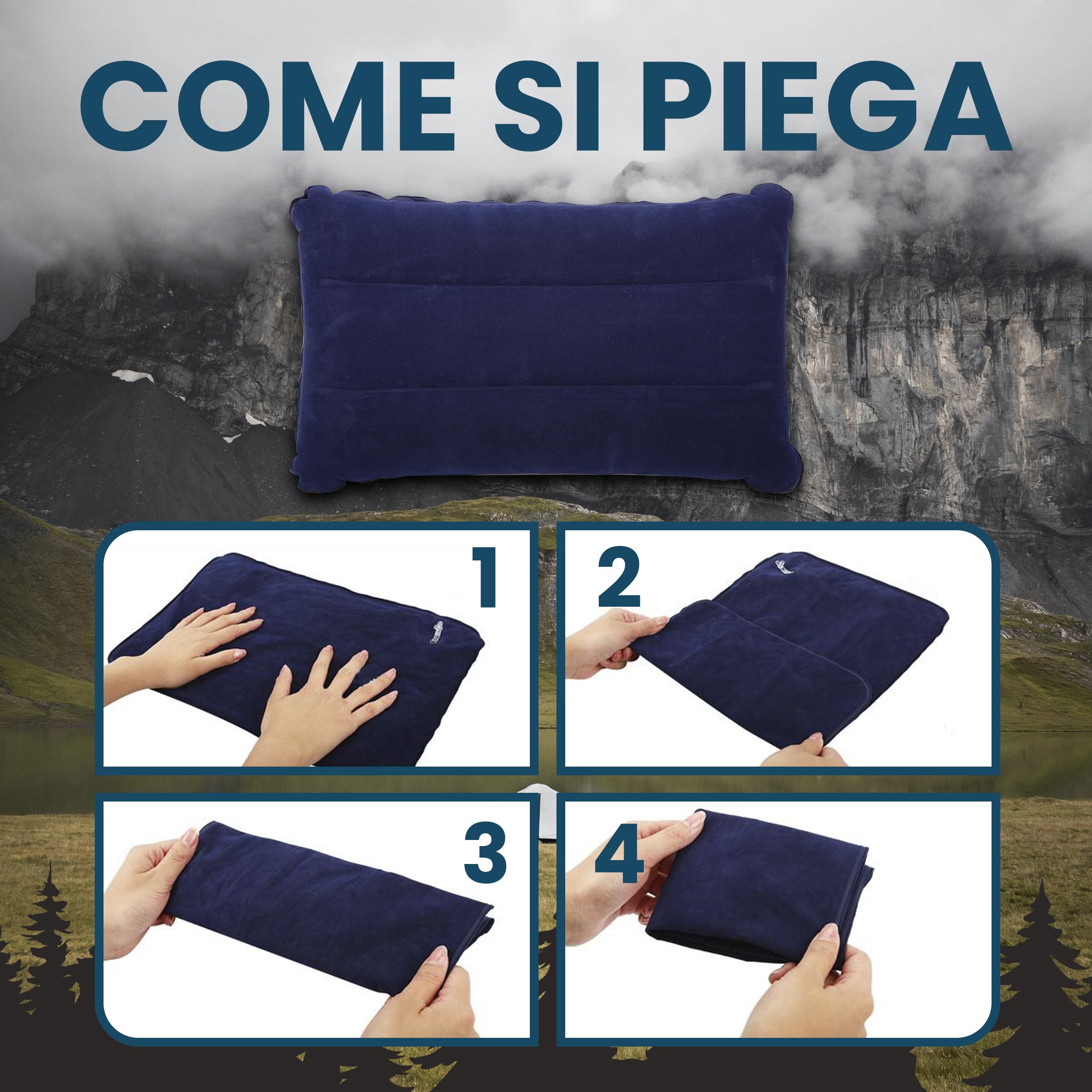 JR Quality Product - Set Da 2 Cuscini Gonfiabili Da Viaggio E Campeggio, Leggeri E Compatti (Blu, 38x24 Cm)