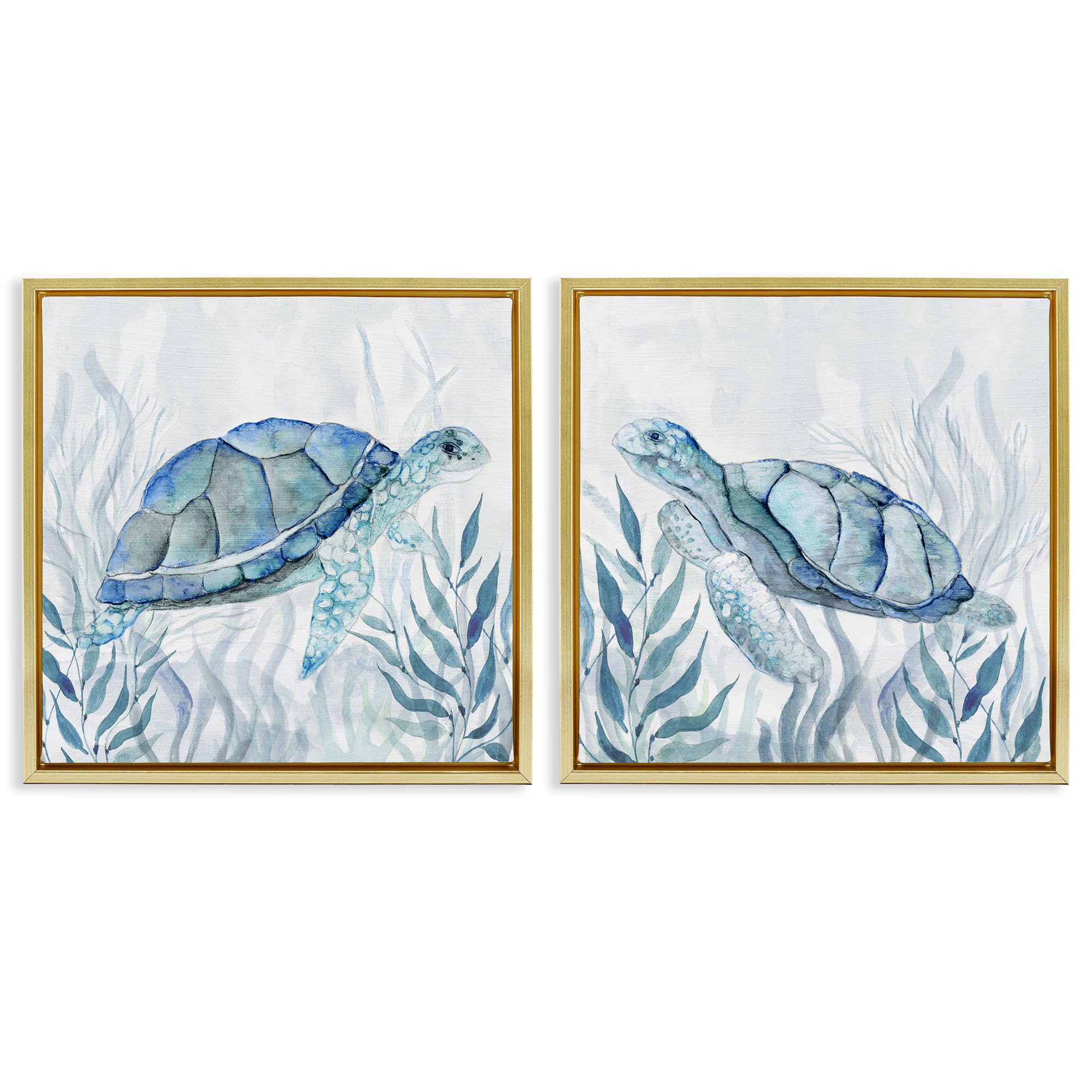 Stupell Industries 'Subtle Smiling Sea Turtles', 2pc Floating Frame Art Set 2, Gold, 18 x 18 Inches, Easy to Hang and Sturdy, Made in USA, by Janet Tava