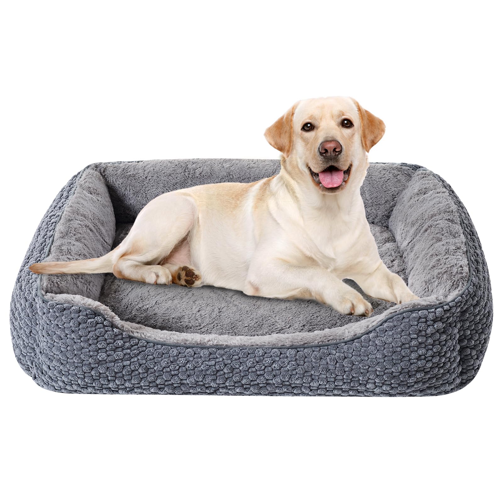 Oveppy Extra Large Dog Bed Washable, Super Soft Rectangle Dog Beds with Raised Edge, Fluffy Anti Anxiety Pet Bed for Large Dogs, XL Szise, Grey